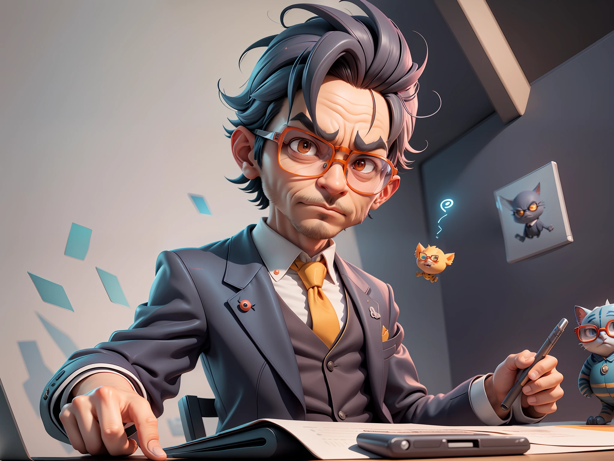 A young man in a suit, Short hair and glasses sat at his desk，holding laptop，digitial painting，tigre，3D character design by Mark Clairen and Pixar and Hayao Miyazaki and Akira Toriyama，4K HD illustration，Very detailed facial features and cartoon-style visuals。