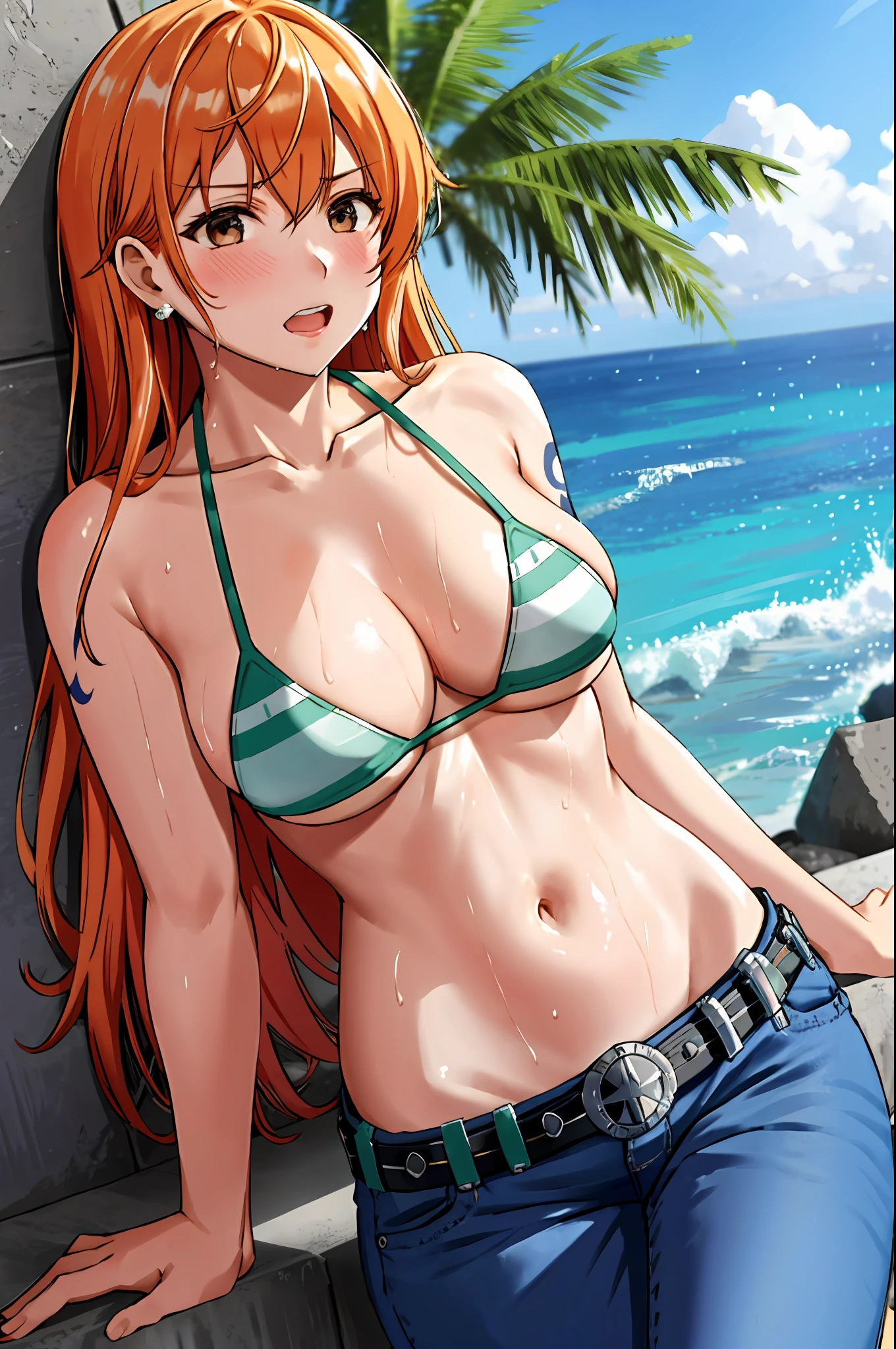 detailed background, masterpiece, 4k, epic, best quality, late youth, adult, milf, athlete body, 1girl, active, energic, (wide open mouth) , solo, nami \(one piece\), 1girl, bangle, (very wet, drenched in sweat, sweat all over body, very missy hair, tired, open mouth, exhausted, screaming, sweaty face, sweaty body, bruises, injury, feeling hot, sweating too much, blushing, tilting head, shiny sweat, both hands behind back, serious, hurt, glaring, open eyes, looking up, perfect detailed face, round face, sweat on face) bold drawing lines, muscular arms, detailed bold arm lines, flat jaw, adult woman, wavy wide streaked bangs, floating bang, (big cheeks), bare shoulders, off-shoulders, belt, bikini, bikini top only, blue sky, bracelet, springy breasts, breast lines, big round eyes, very big brown shiny eyes, bubbles, high eye position, cleavage, cloud, day, denim, earrings, floating hair, shiny hair, green belt, green bikini, bold groin lines, jeans, jewelry, medium breasts, log pose, long hair, looking at viewer, long navel, wet hair, orange hair, pants, shoulder tattoo, sidelocks, sky, solo, laying on floor, stomach, swimsuit, tattoo, detailed left arm, big forehead, hourglass figure, small head, toned body, wide hair, wind effect, sun effect, under the sun, narrow small ears angle, older, straight shot,