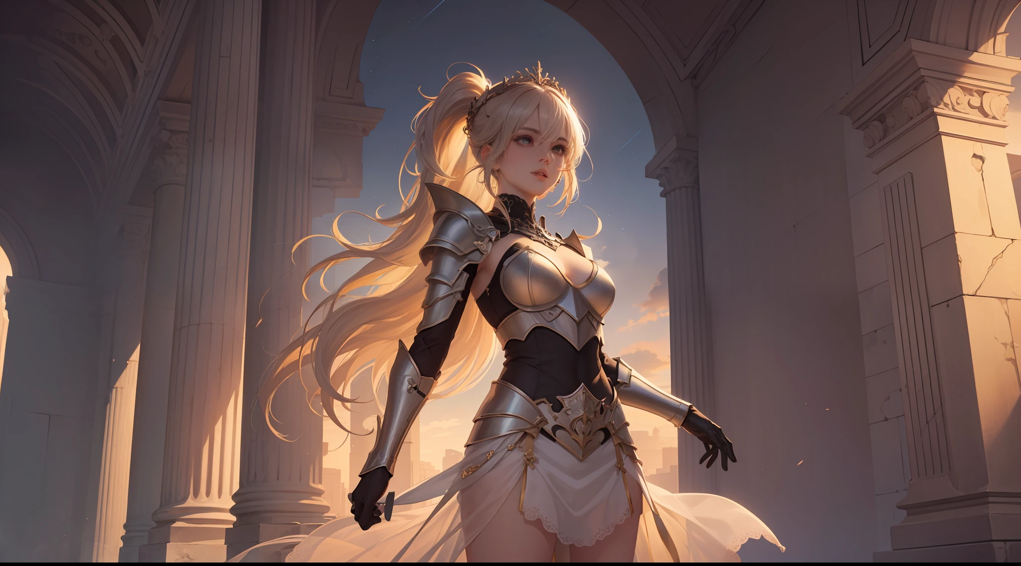 (Extremely detailed Cg Unity 8K wallpaper,Masterpiece, Best quality, Ultra-detailed, Beautiful detailed eyes:1.2),Best illumination, (Best shadow, An extremely delicate and beautiful, full bloom),
1girll,Solo,Large breasts，Heavy armor，complex patterns，Long hair,Film filter, Greek temple，dramatics，dynamicposes，illusory engine， (High detail: 1.9)，Starcloud，the night，torchan