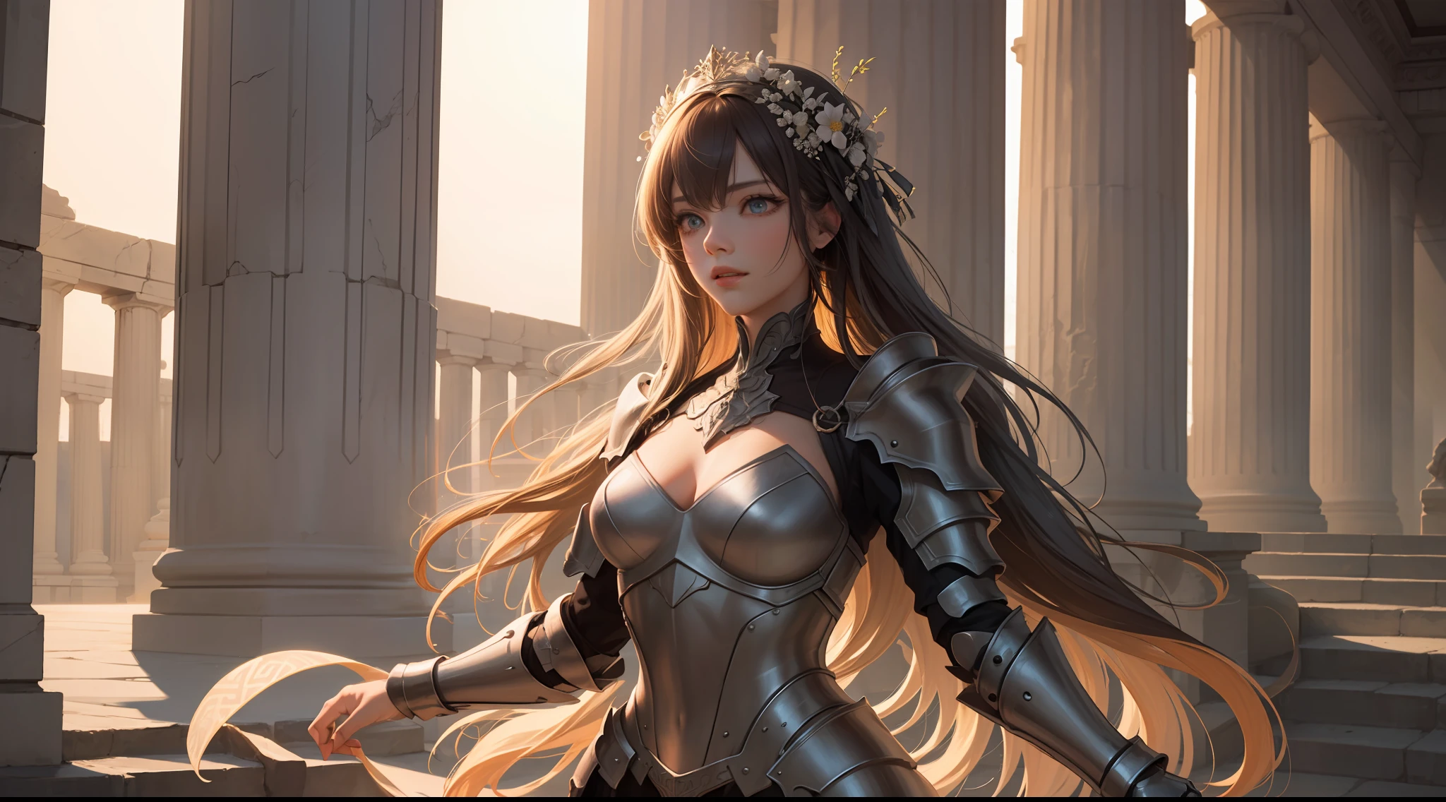 (Extremely detailed Cg Unity 8K wallpaper,Masterpiece, Best quality, Ultra-detailed, Beautiful detailed eyes:1.2),Best illumination, (Best shadow, An extremely delicate and beautiful, full bloom),
1girll,Solo,Large breasts,Heavy armor,complex patterns,Long hair,Film filter, Greek temple,dramatics,dynamicposes,illusory engine, (High detail: 1.9),Starcloud,the night,torchan
