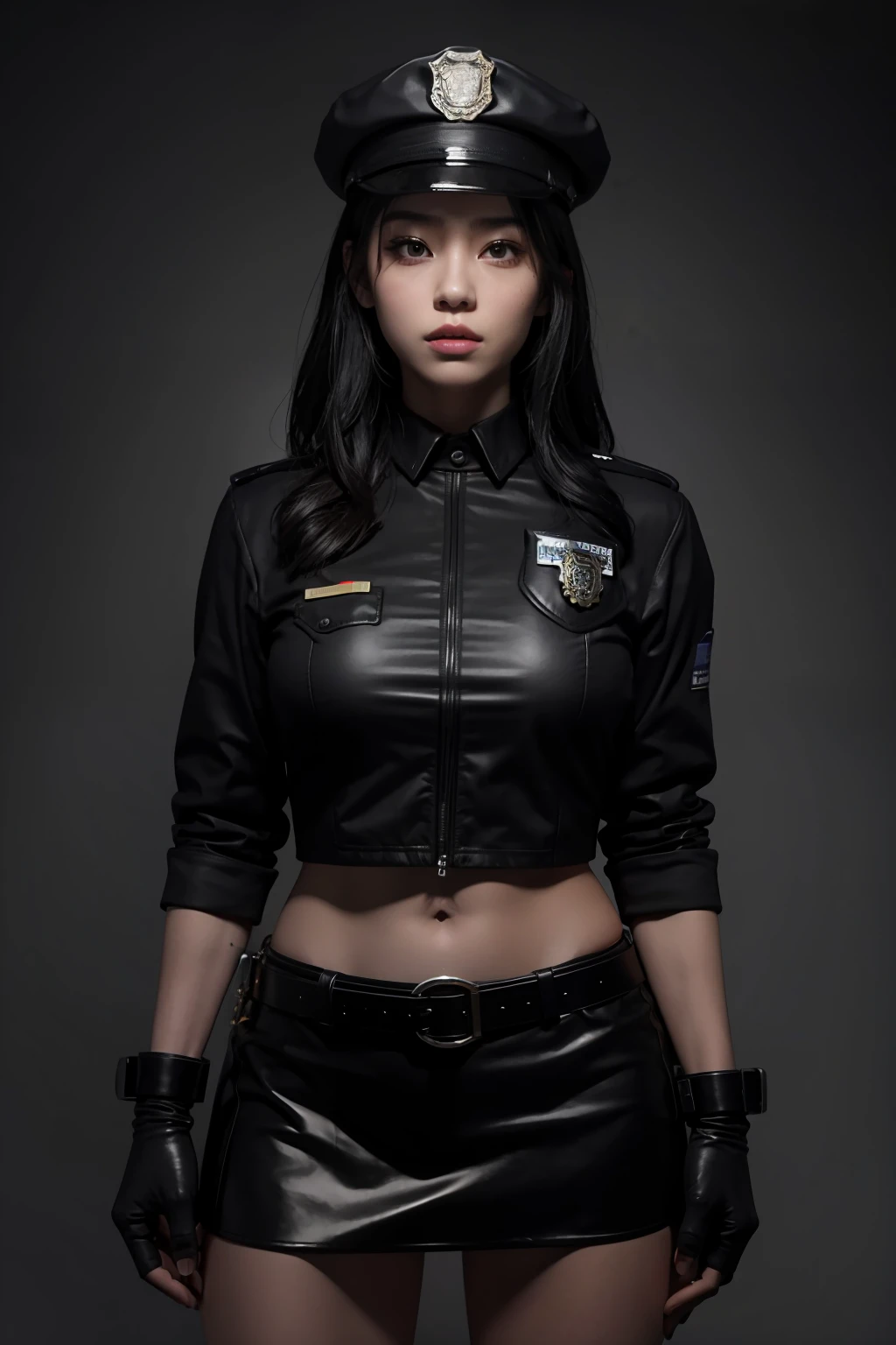 Highest image quality，Outstanding details，超高分辨率，one-girl，Female prison guard，Dark series，Dark style，Dark，mechs，She wears a sexy police uniform，short  skirt，In prison，She was in a cage，Robust body，Sexy and robust，Detailed abs，Detailed muscle lines，dynamicposes，Prison cage background，dim murky lights，Dim lighting，grimy，Damp, Dirt stains cov，hand gun，Chains，rusted，handcuff，Highly detailed police uniforms，Highly detailed police cap，Police badge，wear police cap，Highly detailed guns，Highly detailed handcuffs，Highly detailed police equipment，Normal body proportions，Normal face，Normal hands，frontage，fully body photo，Look from the bottom up，look from down, looki at viewer