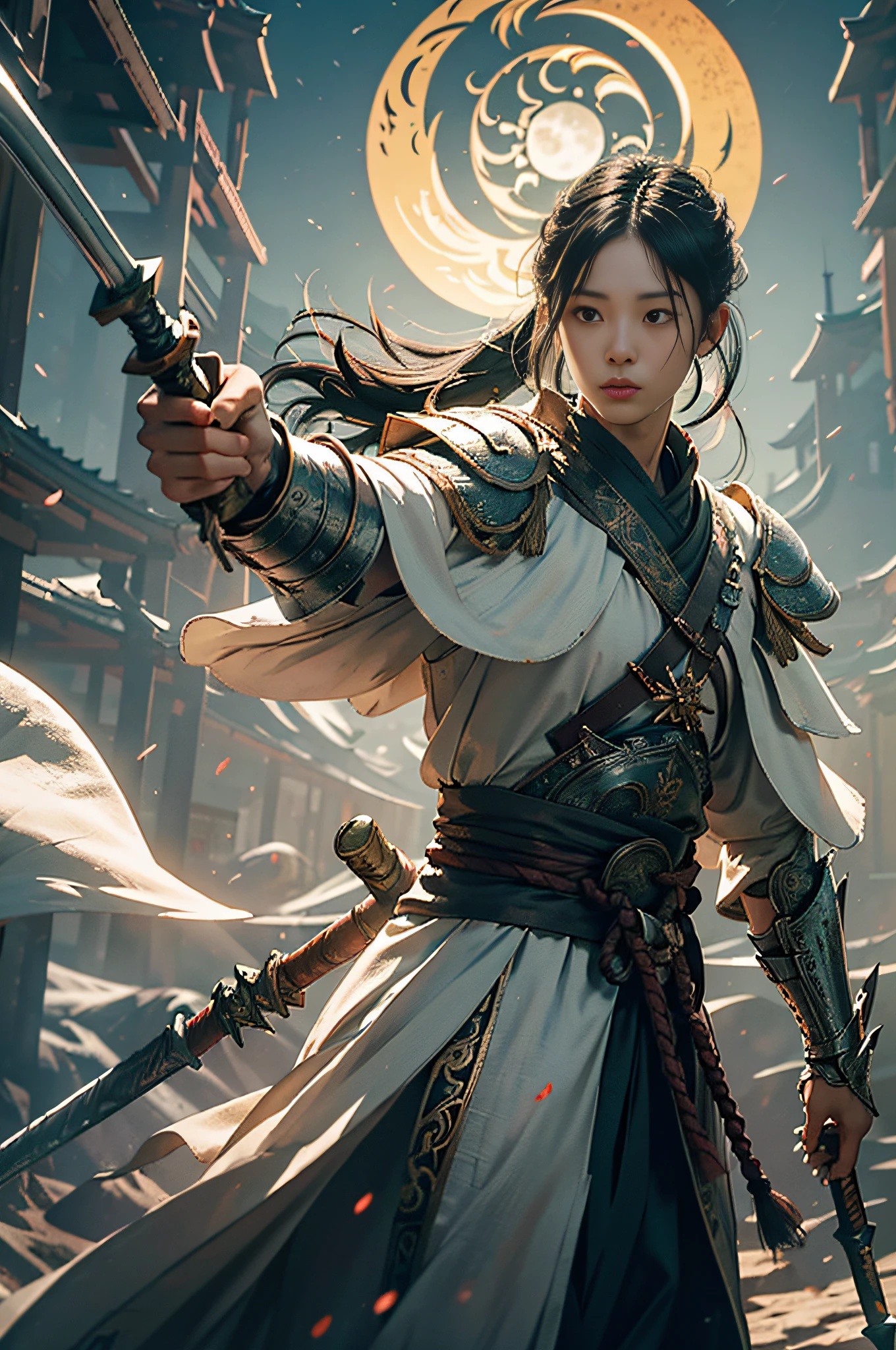 1man dress like move The Flying Swords of Dragon Gate, masterpiece, best quality, photorealistic, fanyangli, forest,armor, linen_clothes,cape, furry_coat, look_back, moonlight, black_hair