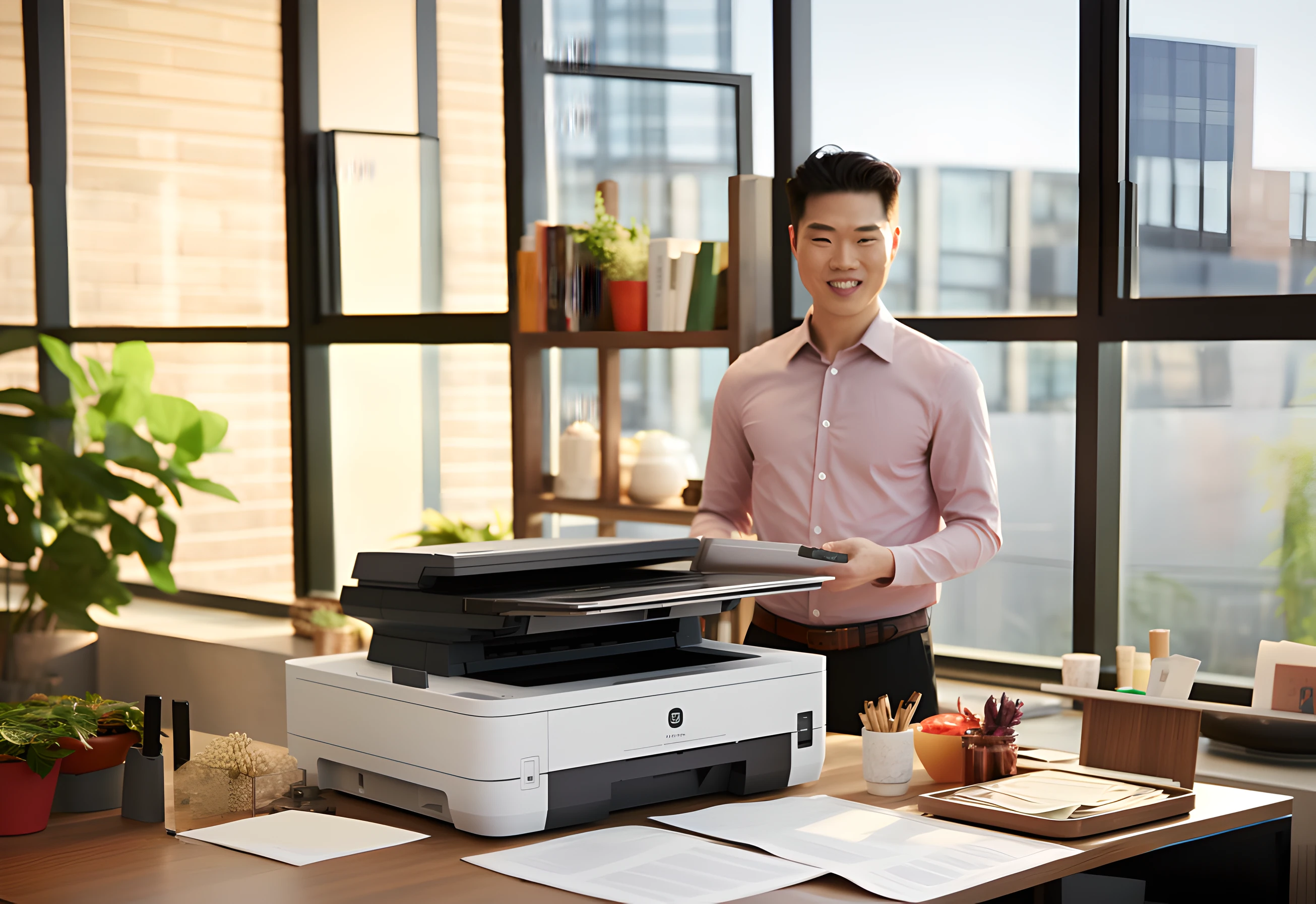 Arafard man standing in front of a printer in his office, a wide full shot, photocopy, Use a Xerox machine, edge-to-edge print, enhanced photo, Edge-to-edge printing, copy, hi - res scan, High-resolution scanning, elaborate composition, well-illuminated, Digital Enhancement, Handsome, vivd details