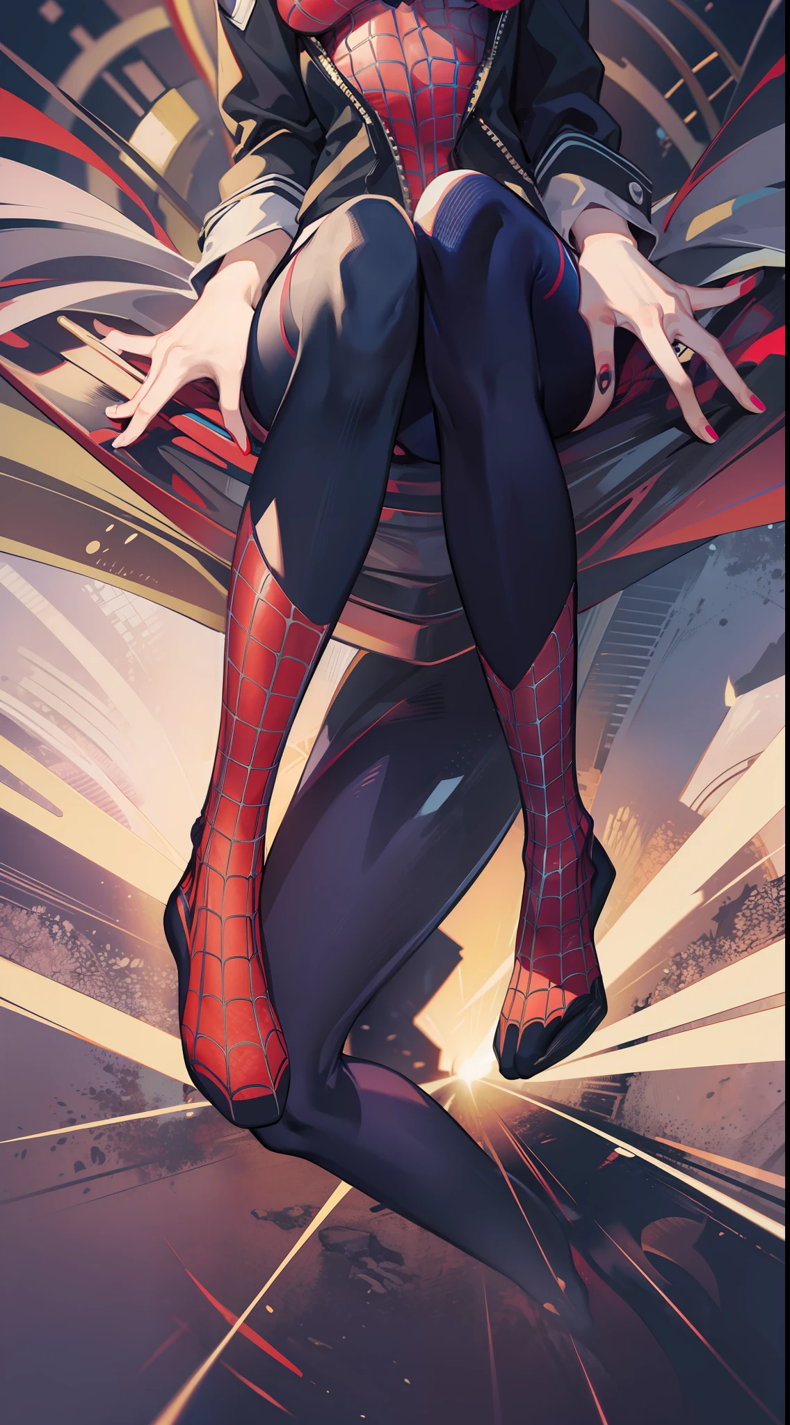 Female Spider-Man,without showing face,Sexy tights,Hands to hearts,Spread your feet