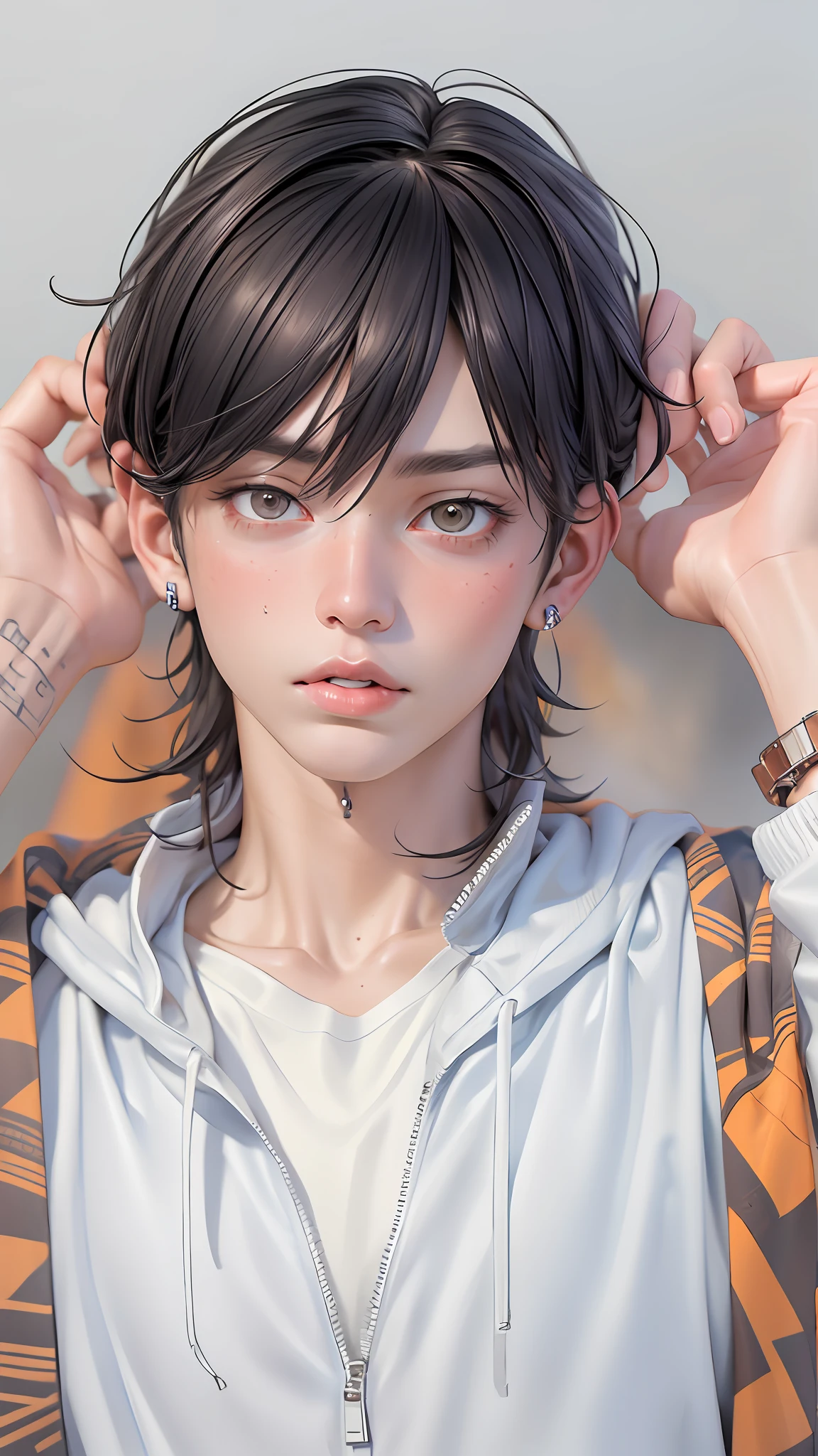 a masterpiece，Bestquality，offical art，8kwallpaper，Extremely Detailed，Illustration，1BOY，Trendy outfits，watch，sneaker shoes，squat down，Hands droop naturally，Hooded jacket，Street side，