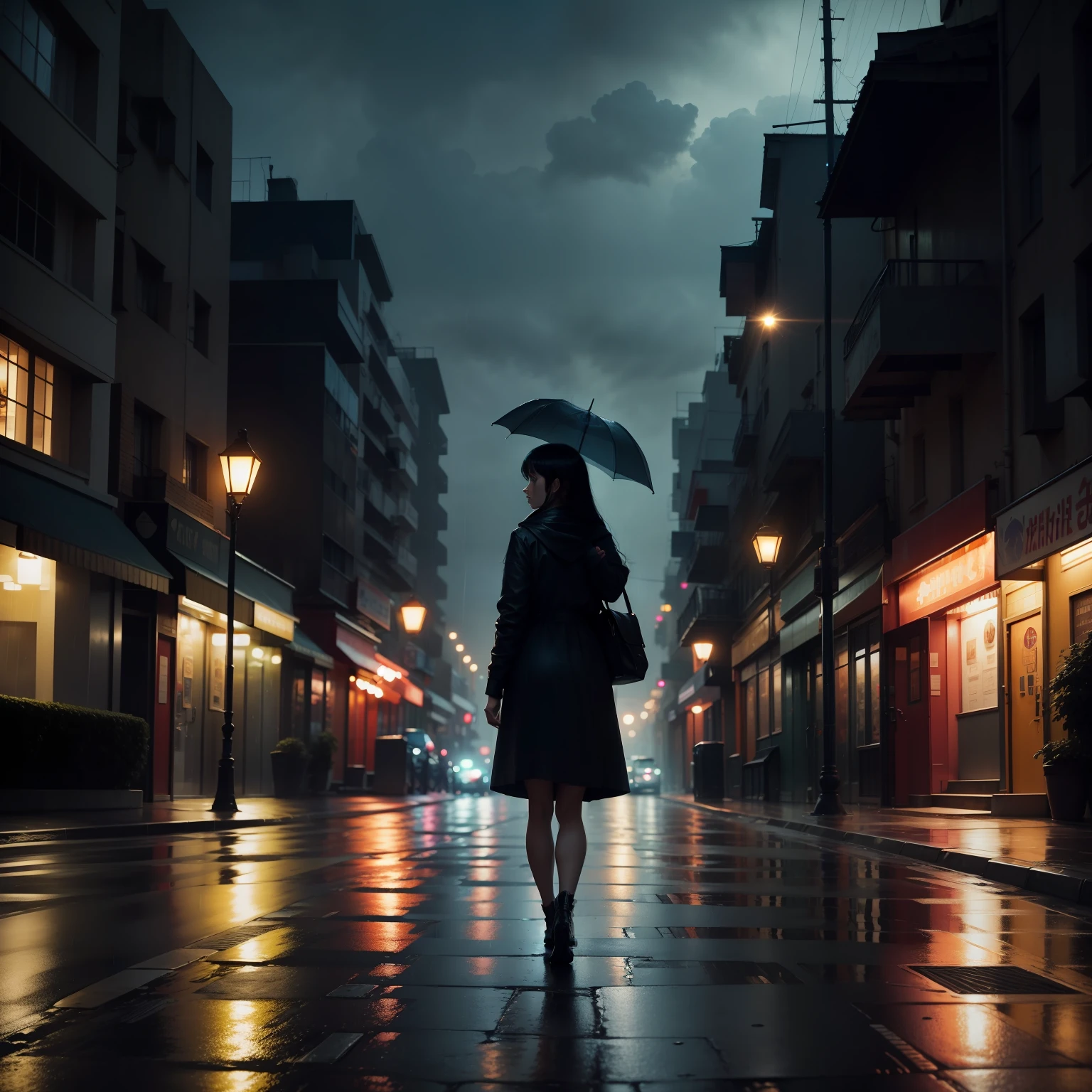 At night, it's raining in the sky, the city is exceptionally quiet, flashing lights, walking alone on the road