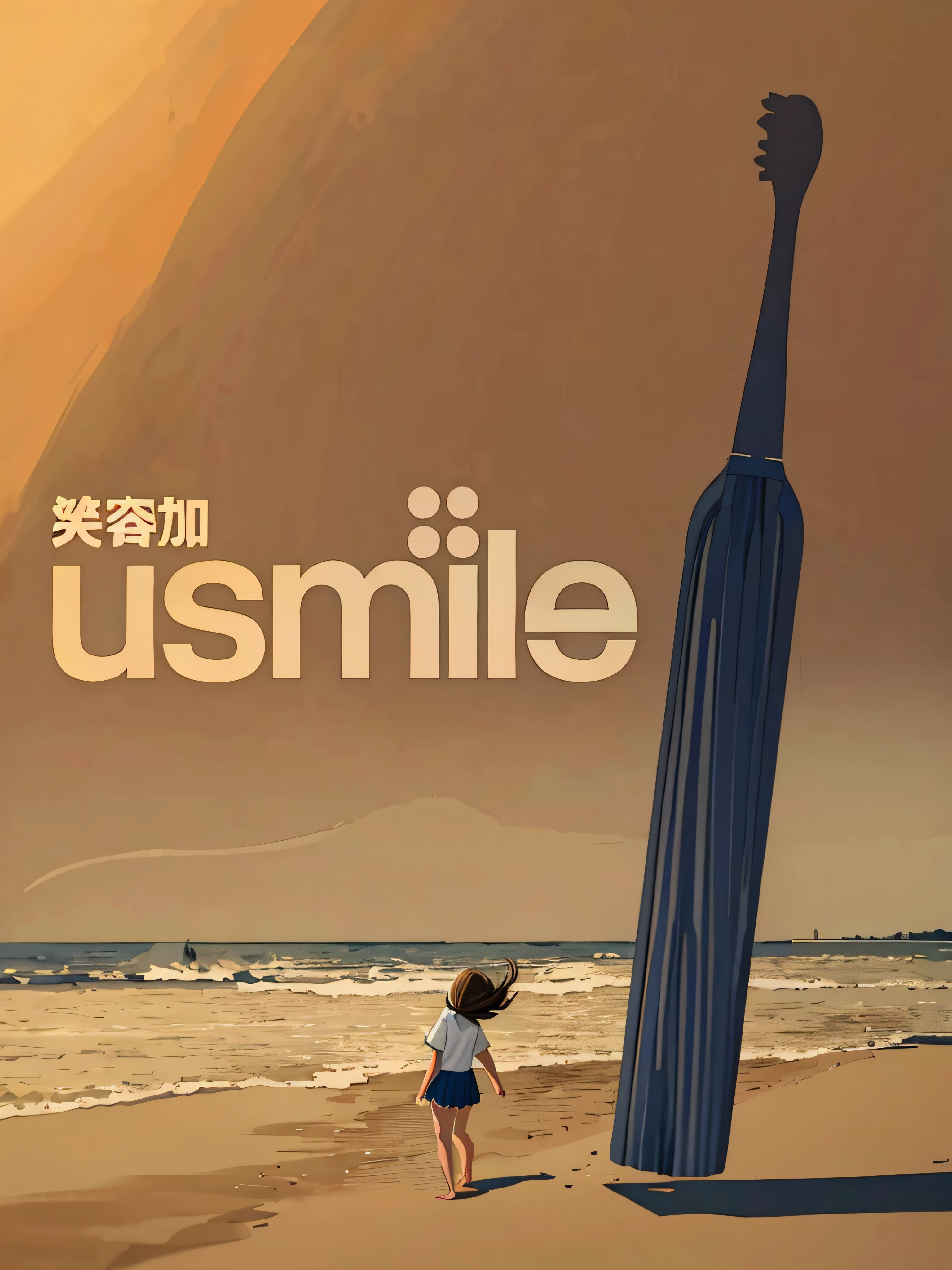 1girll, Solo, school uniform, Short pleated skirt, Seaside, sand beach, Looking back, From behind, Shy face, Embarrassed, Wind, Adjust hair, Barefoot, day, Sea Horizon, Cloud,