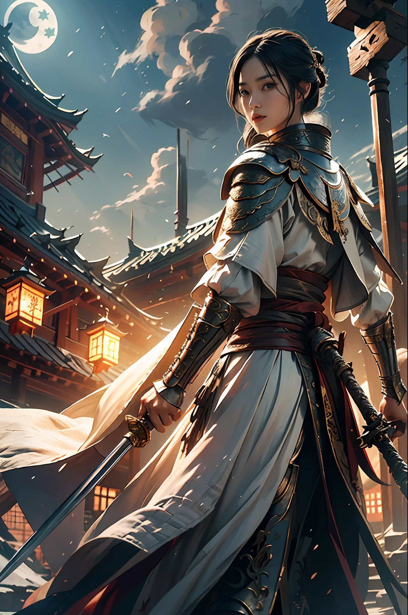 1man dress like move The Flying Swords of Dragon Gate, masterpiece, best quality, photorealistic,  fanyangli, forest,armor,  linen_clothes,cape, furry_coat, look_back, moonlight, black_hair