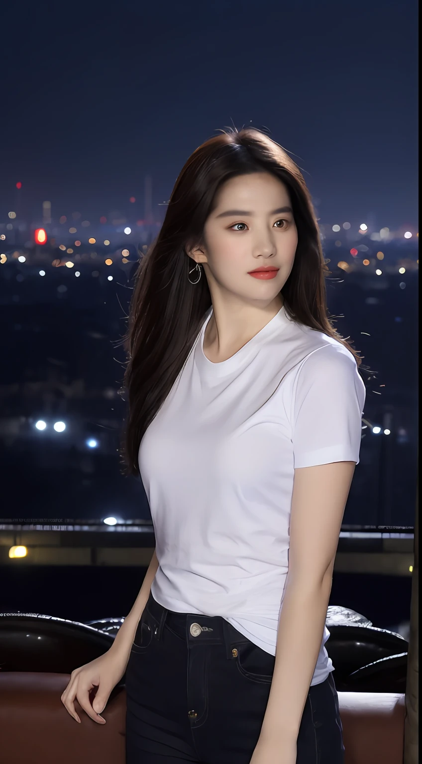 ((Midnight, Best quality, 8k, Masterpiece :1.3)), Whole body, Long legs, Sharp focus :1.2, A pretty woman with perfect figure :1.4, Slender abs :1.1, ((Dark brown hair, Big breasts :1.2)), (White tight tshirt, Jean bib, Standing:1.2), ((Night city view, Rooftop:1.3)), Highly detailed face and skin texture, Detailed eyes, Double eyelid