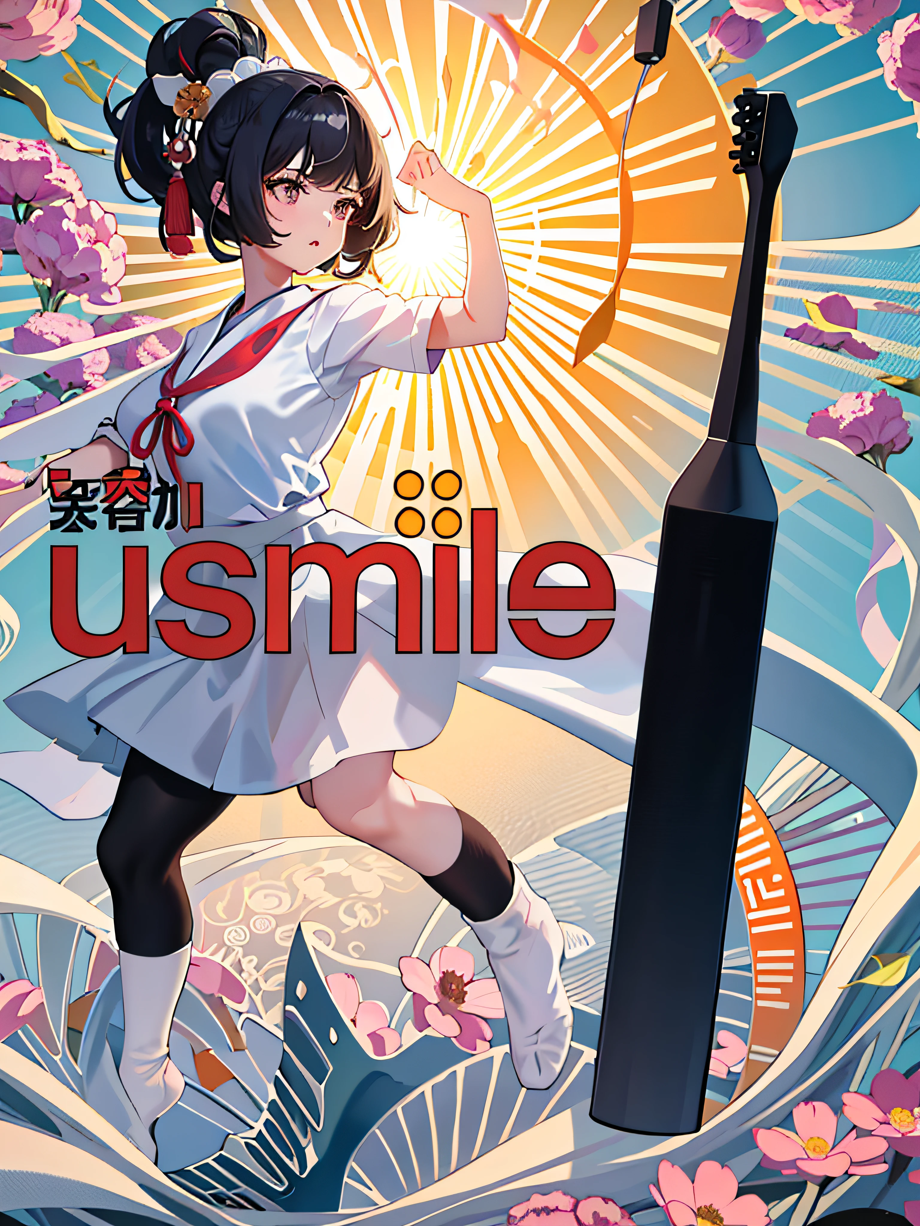 A 4k level illustration in the style of Mishan dance, featuring a girl with black hair and white skin wearing a Japanese school uniform standing in a sea of flowers, her hair dancing in the wind, reasonable character proportions, clear facial features, high-quality details, and golden section composition.