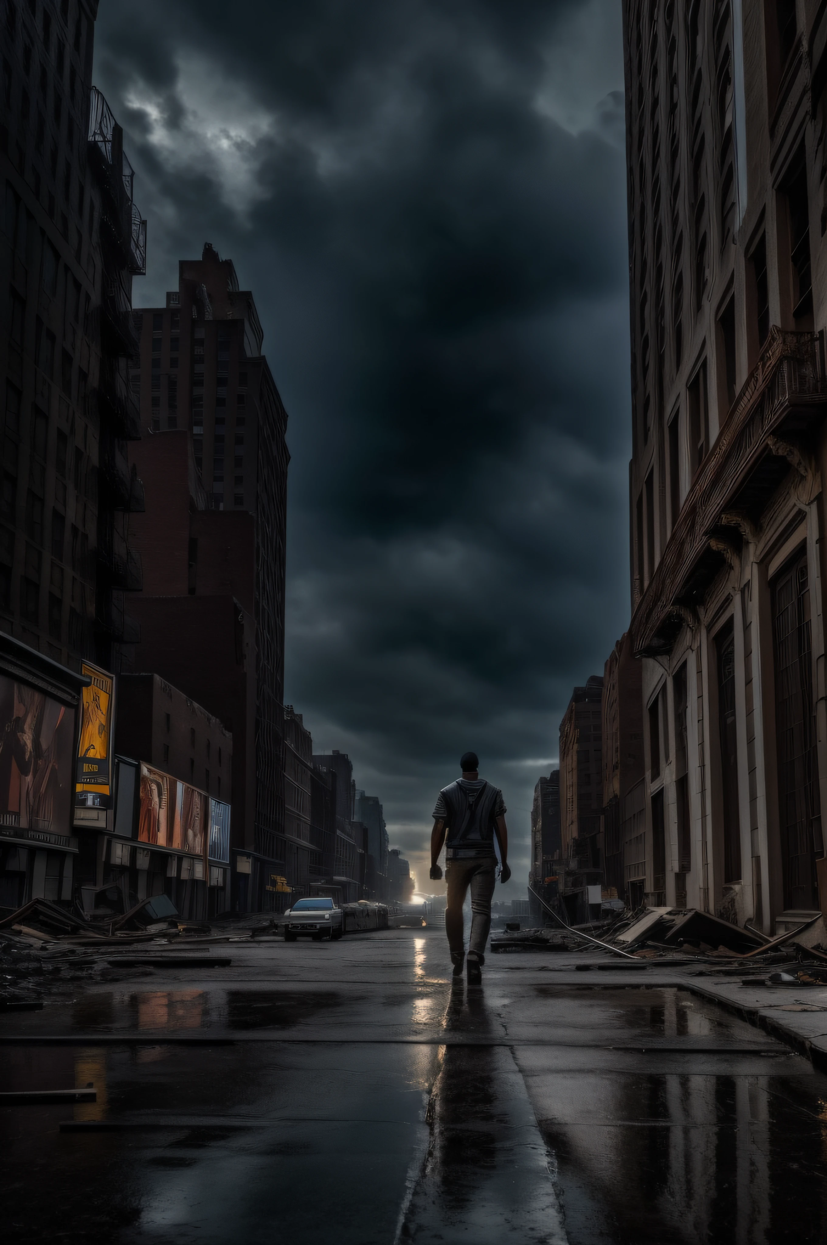 FULL SHOT, ACTOR WILL SMITH WALKS ALONE THROUGH THE RUINS OF NEW YORK, DRAMATIC LIGHT, POST-APOCALYPSE ATMOSPHERE, SUPER HIGH RESOLUTION, SUPER FINE FOCUS, BEST QUALITY, 32K, HDR, STEVE MCCURREY STYLE, HYPER PHOTOREALISM