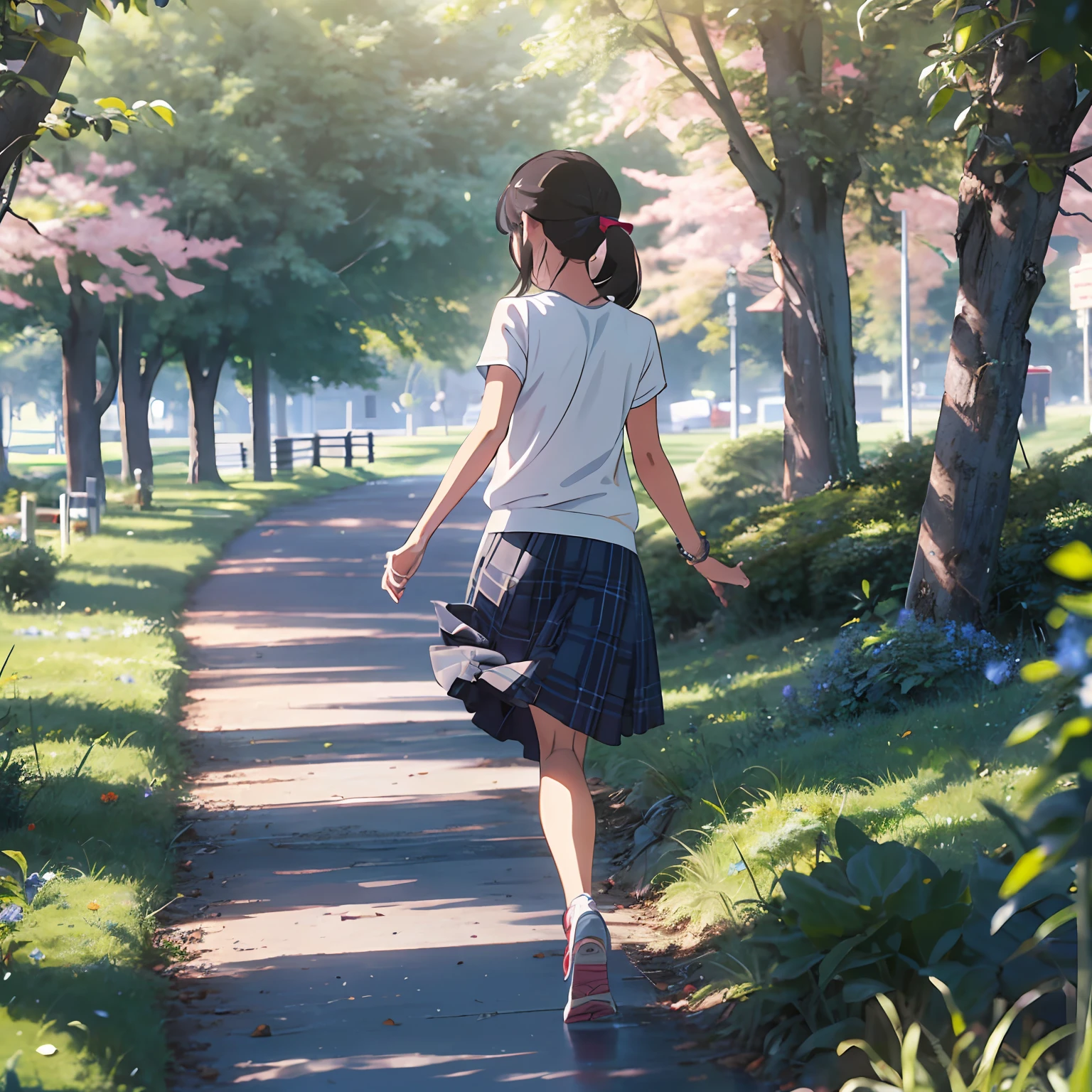 It was a sunny afternoon with a blown girl taking a leisurely walk in the park. She wore a loose white T-shirt and a plaid skirt, and a pair of simple white sneakers underneath. With her dexterity, she jumped over the ditch on the lawn and ran far to the edge of the woods to see the birds jumping. Then she turned back down the road and greeted people she was passing by in a friendly way.

The girl's smile is bright and confident, and it seems that she has a good life and a bright future. From time to time, she stops and pulls out her phone to take pictures of the beautiful scenery around her, or gently stroke a blue flower leaf to feel the warm touch. Her steps are light and graceful, as if she is dancing softly, attracting the attention of many people.

The whole scene is filled with a sense of curiosity, upward and energetic, which makes people feel a positive atmosphere. This girl is like the protagonist of a story full of hope and adventure, bravely facing her own challenges, enriching and exciting.