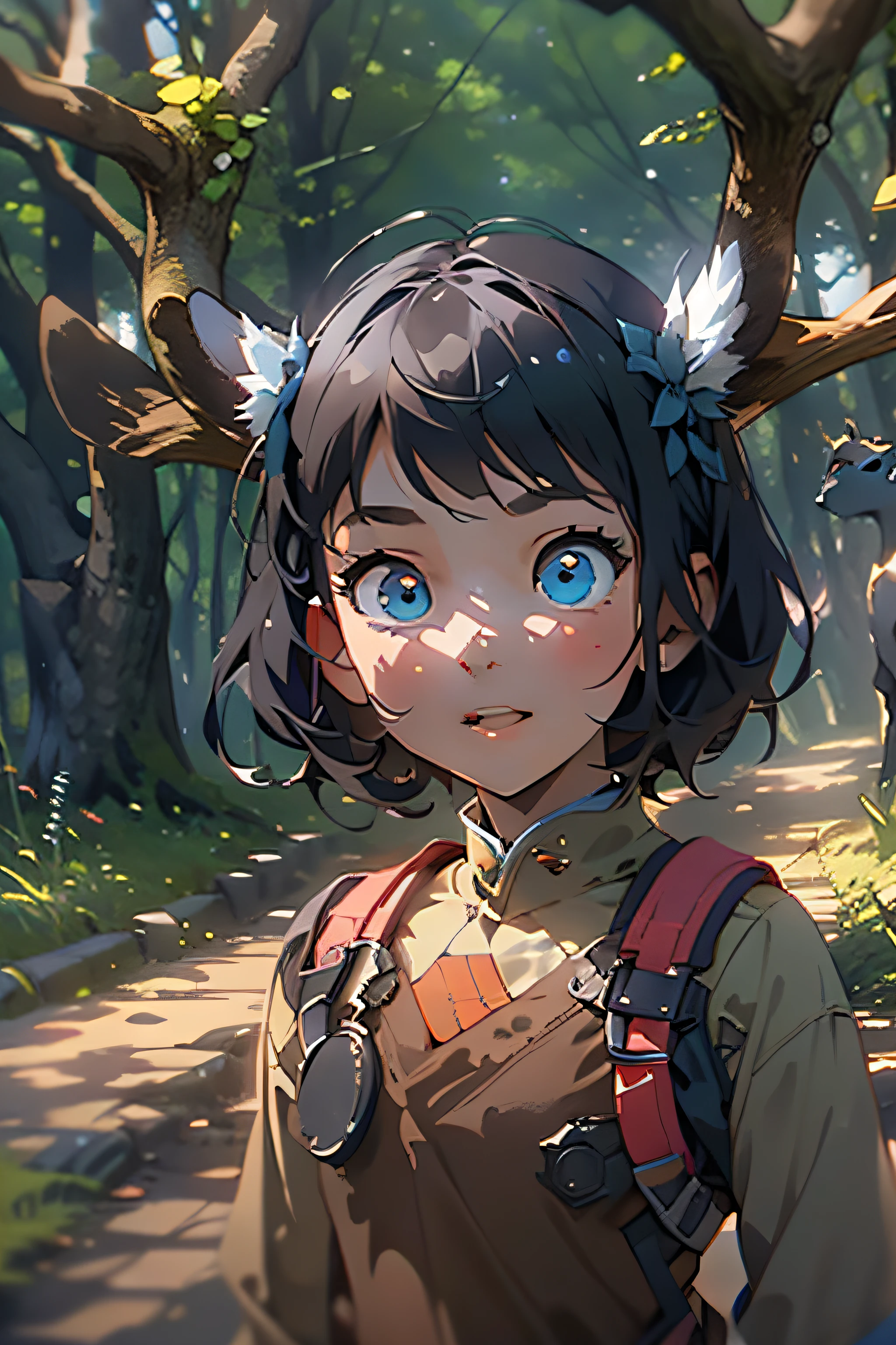 1girll，at noon，dingdall effect，deers，blue color eyes，Forest clearings，volumettic light，Perspective composition，ln the forest，Lively and cute girl，8K,Cinematic lighting effects，Textured skin，best qualtiy，Storytelling images，Ambient lighting，dynamic blur，