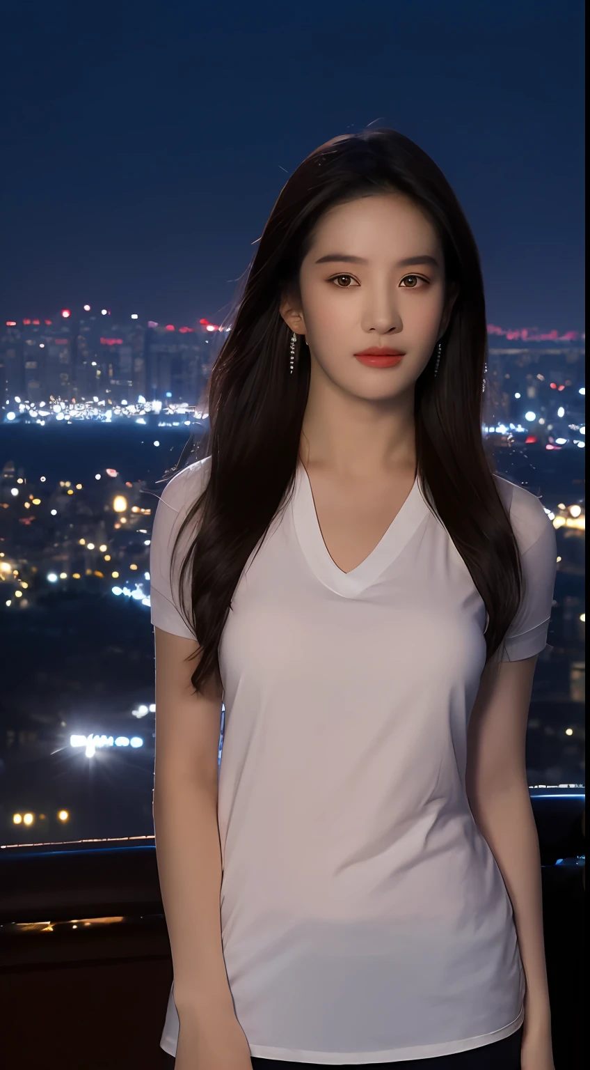 ((Midnight, Best quality, 8k, Masterpiece :1.3)), Whole body, Long legs, Sharp focus :1.2, A pretty woman with perfect figure :1.4, Slender abs :1.1, ((Dark brown hair, Big breasts :1.2)), (White tight tshirt, Jean bib, Standing:1.2), ((Night city view, Rooftop:1.3)), Highly detailed face and skin texture, Detailed eyes, Double eyelid