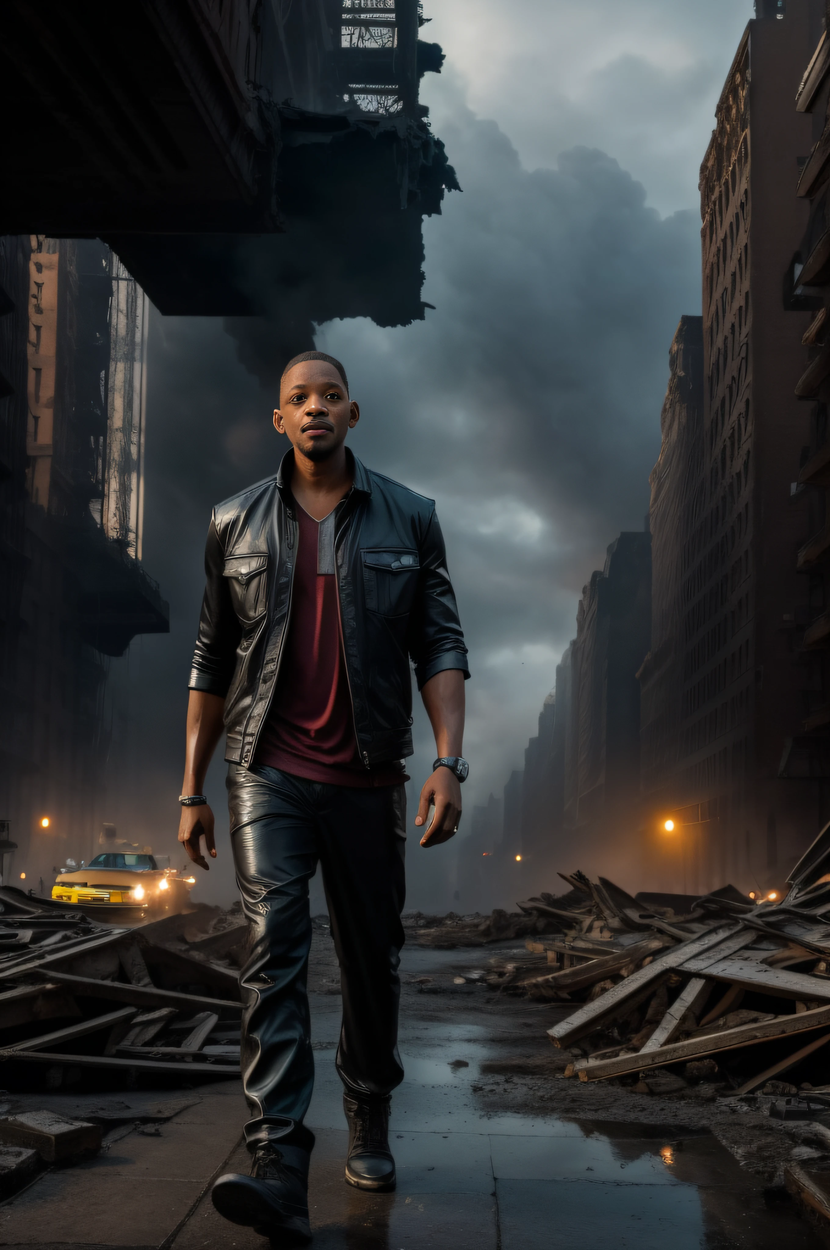 FULL SHOT, ACTOR WILL SMITH WALKS ALONE THROUGH THE RUINS OF NEW YORK FACING THE CAMERA, DRAMATIC LIGHT, POST-APOCALYPSE ATMOSPHERE, SUPER HIGH RESOLUTION, SUPER FINE FOCUS, BEST QUALITY, 32K, HDR, STEVE MCCURRIE STYLE ,HYPERPHOTOREALISM