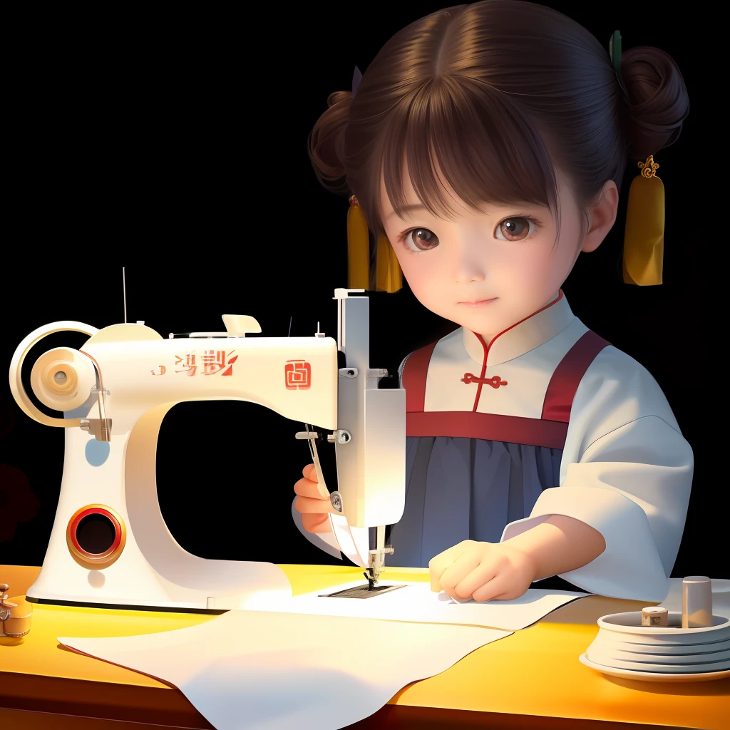 The image of a sewing on a sewing machine, lovely digital painting, author:Yu Zheding, Realistic cute girl painting, author:Qu Leilei, adorable digital art, Cute detailed digital art, By Li Song, Beautiful digital artwork, Chinese girl, amazing craftsmanship, Amazing digital art, beautiful craftsmanship, author:Qiu Ying, Exquisite digital illustration