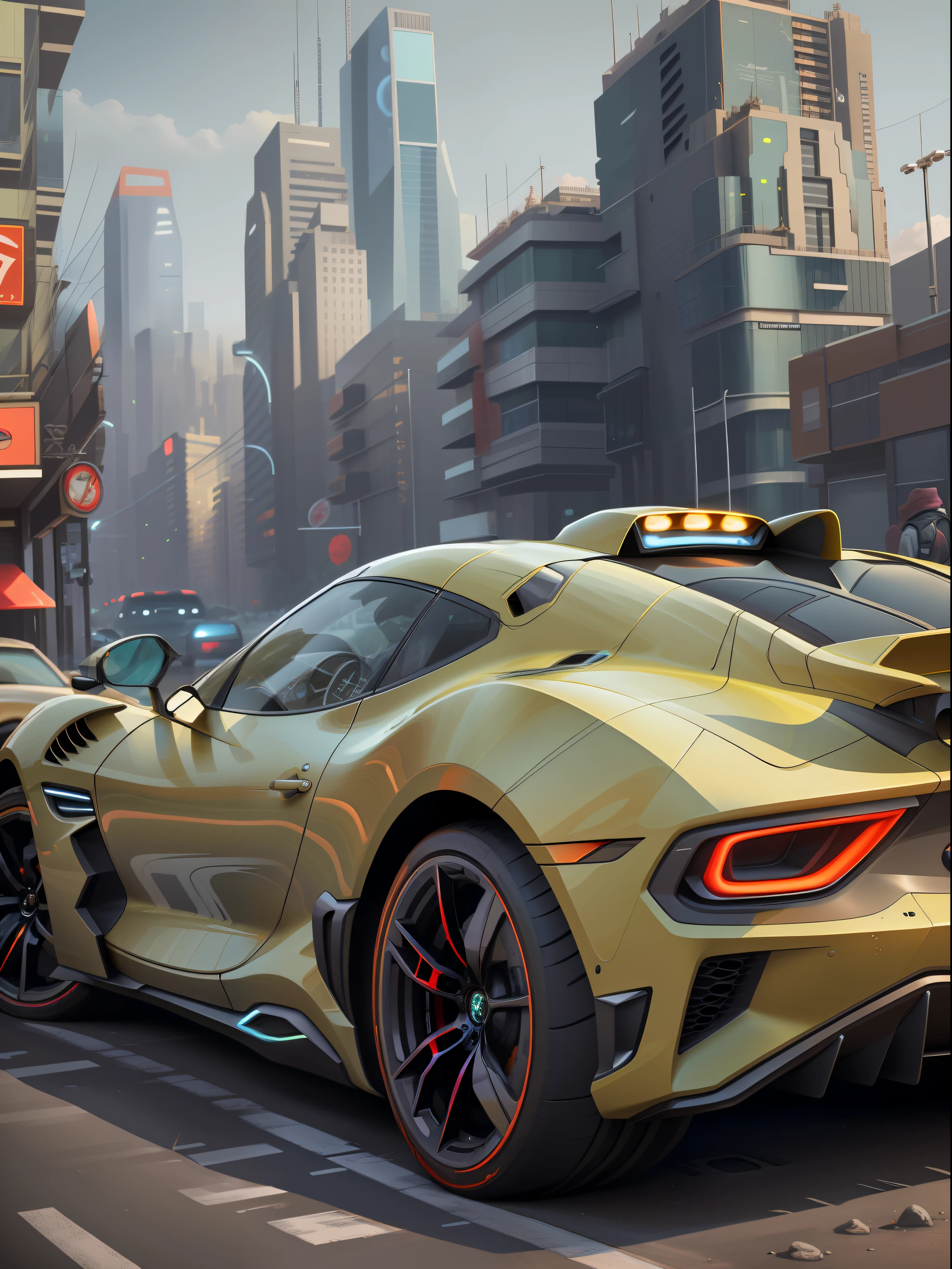 A futuristic sports car on the street of a futuristic city