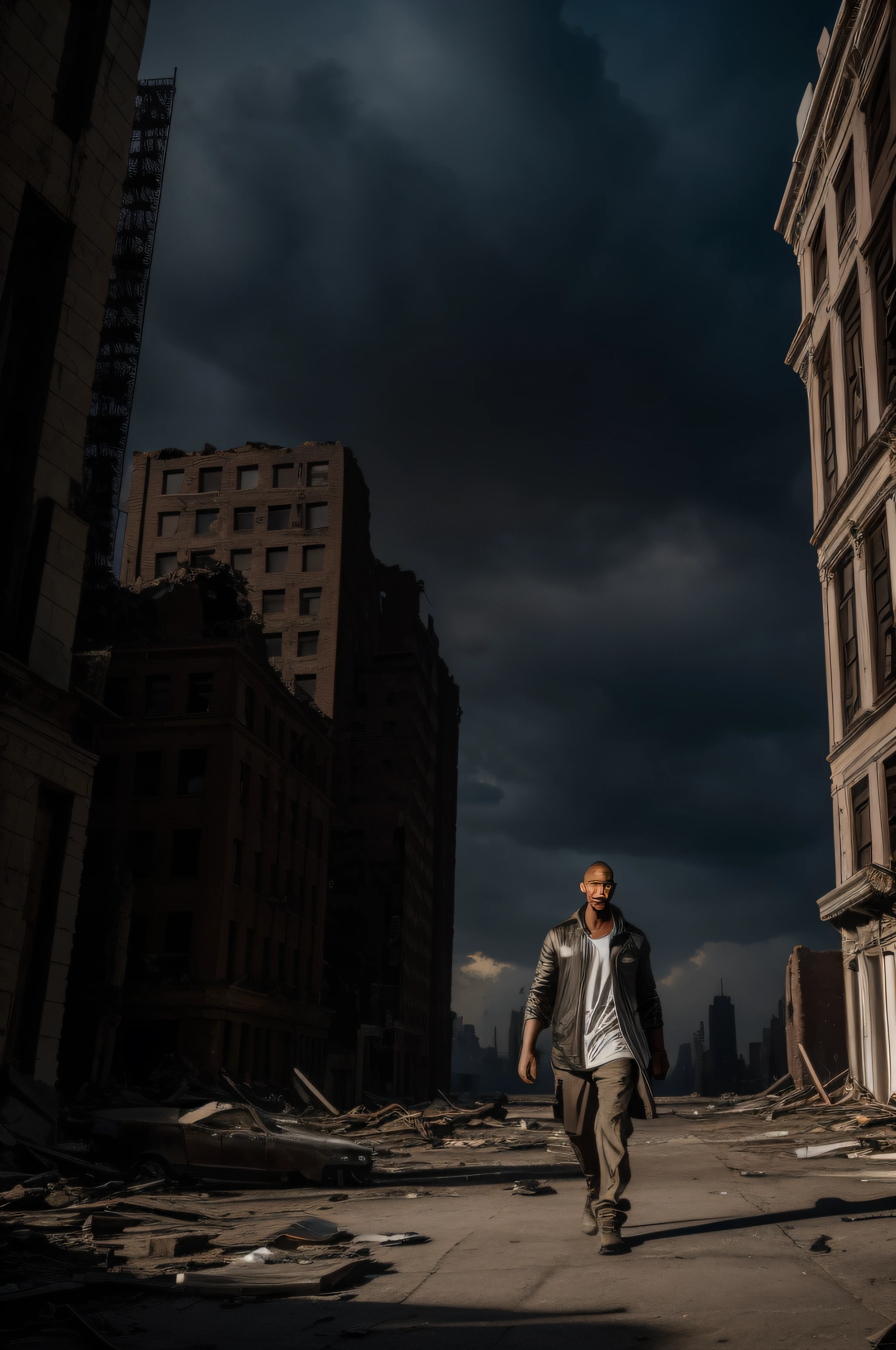 FULL SHOT, ACTOR WILL SMITH WALKS ALONE THROUGH THE RUINS OF NEW YORK FACING THE CAMERA, DRAMATIC LIGHT, POST-APOCALYPSE ATMOSPHERE, SUPER HIGH RESOLUTION, SUPER FINE FOCUS, BEST QUALITY, 32K, HDR, STEVE MCCURRIE STYLE ,HYPERPHOTOREALISM
