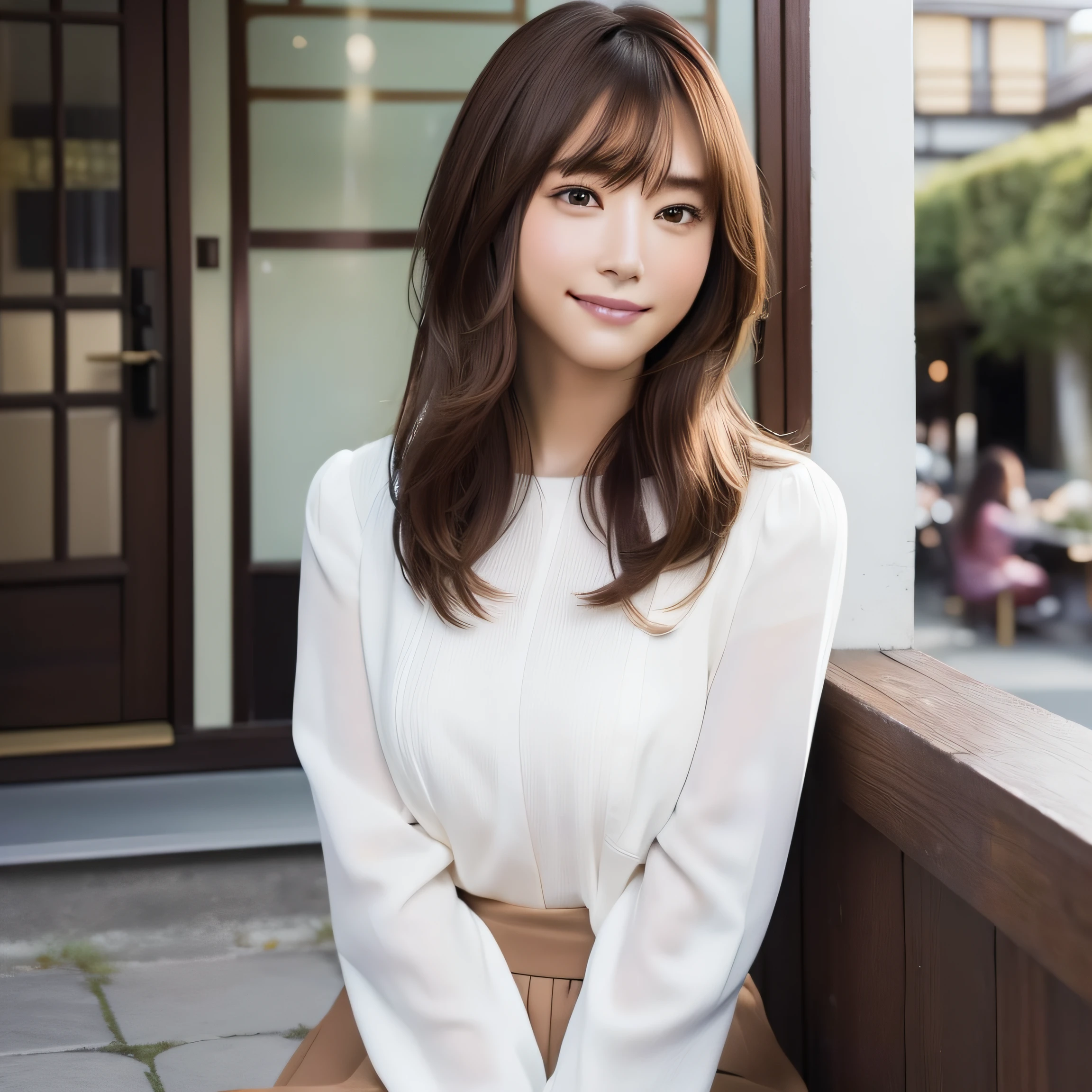 in 8K UHD、Digital SLR、film grains、FujifilmXT3、(top-quality:1.3)、(masterpiece:1.3)、hight resolution、Cinematic Light、intricate detailes、(Photorealsitic)、Outside、Beautiful outside、Sunny、japanaese girl、(cafes:1.5)、Look at viewers、detailed trees、 sitting on、in a house、 (Shy smile)、A slender、 (Beautiful brown eyes), Smooth skin, (Brown medium hair,Lots of bangs:1.1), (touch hair:1.4),nogizaka,Fashionable white clothes、Beautiful fingers