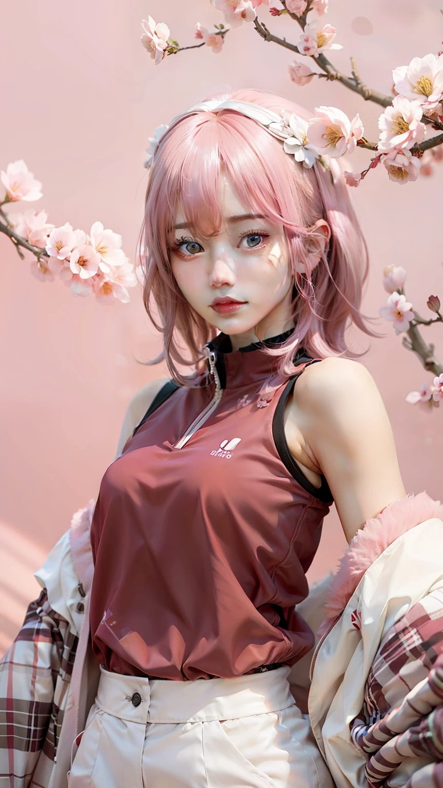 1girl, haruno sakura, pink hair, red clothes, green eyes, realistic, ultra detail