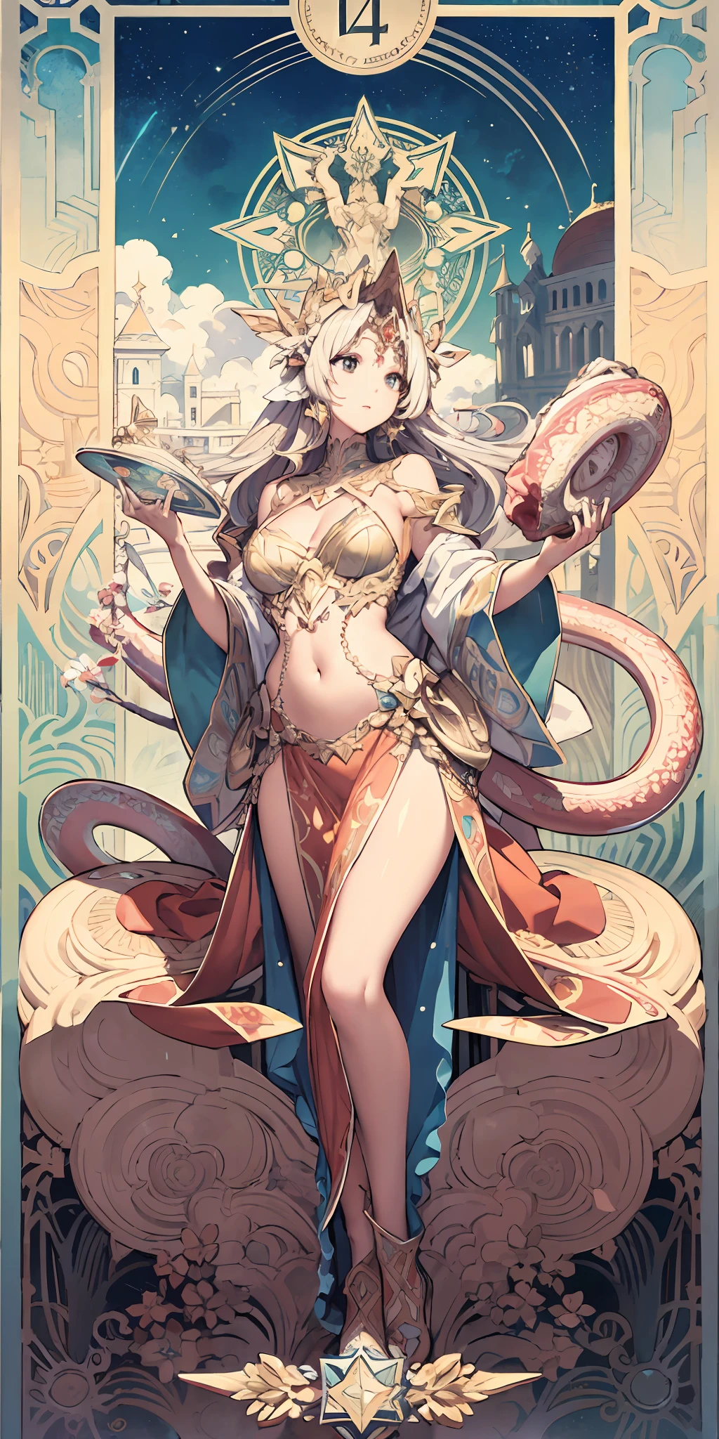 AXOR, Goddess of health,Goddess of hygiene,vivaciousness,Raised sexy,Active,Holding a snake stick,Red transparent sex costume,full bodyesbian,Flower frame,Decorative panels, abstract artistic, Alphonse Mucha (tmasterpiece, best qualtiy, A high resolution: 1.4), A detailed, Complicated details, 4K, Color splattering, Line art, Fibonacci, starrysky, natta, exteriors, Clouds, Reflectors, Eau, magick, (tarot cards),Cards, ((beautiful golden crystal star)) buliding, palaces, Patterned, Sumeru, Clouds, themoon