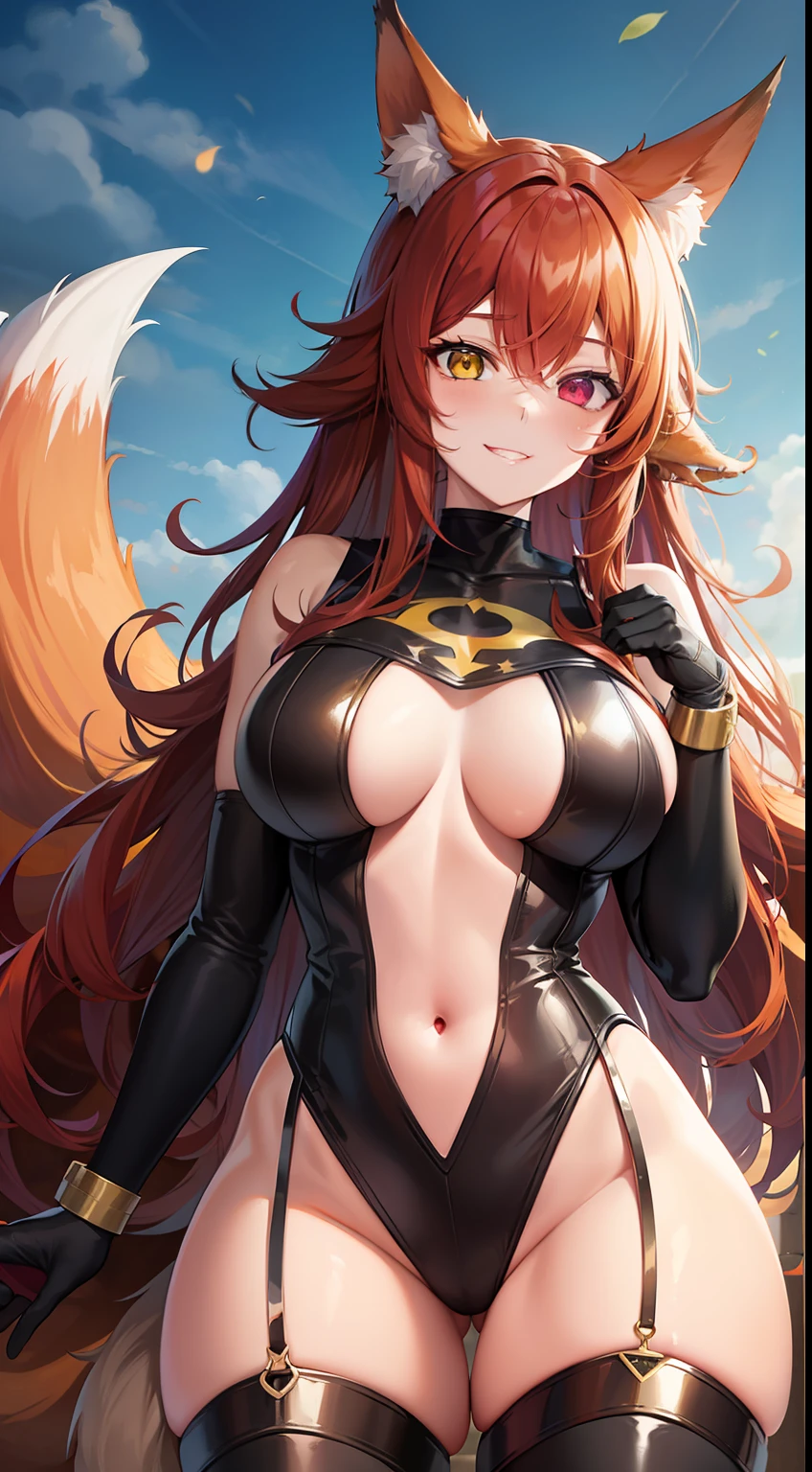 Adult woman, long red curly hair, Heterochromia, red and yellow eyes, fox ears and tails, Superhero Uniform Red, open thighs, ssmile, fire, Masterpiece, hiquality