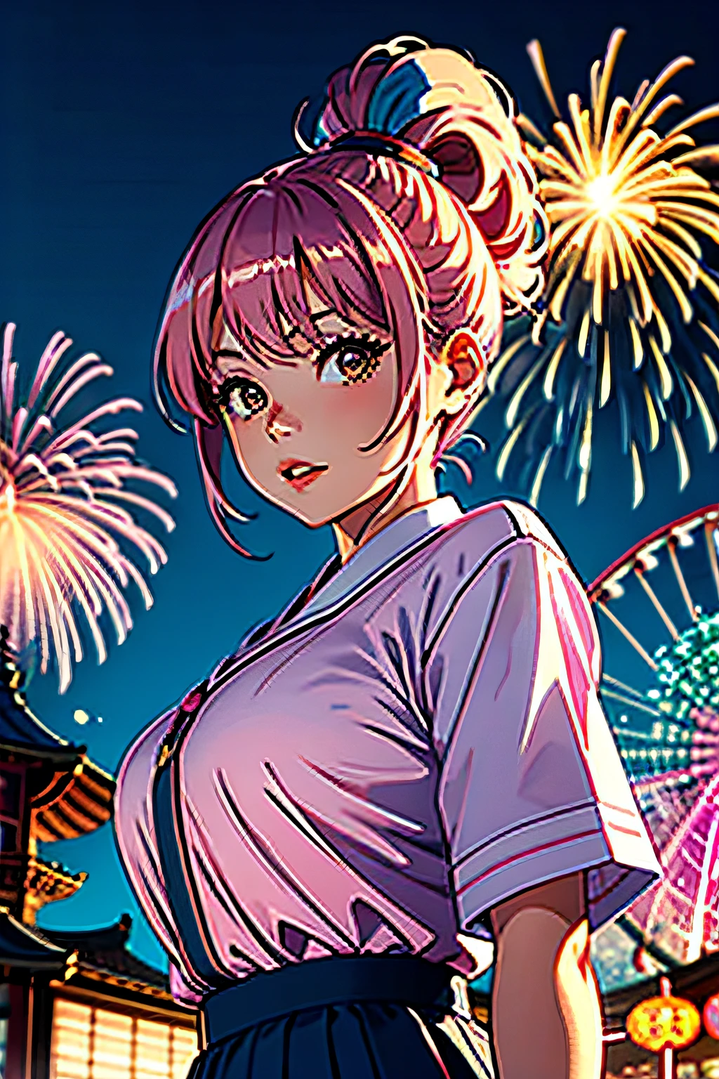 Pink hair, high ponytail, Japanese school uniform, big eyes, amusement park, fireworks, big breasts, high royal sister