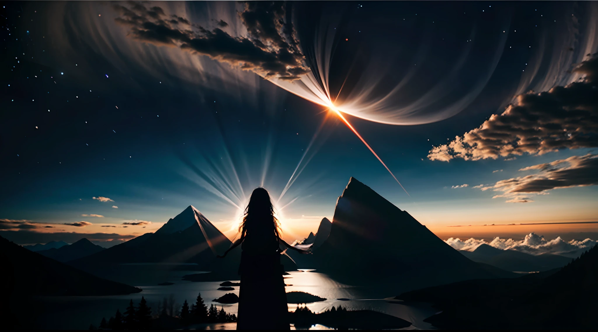 An awe-inspiring celestial event, a total solar eclipse over a majestic mountain range, the darkened sky revealing a breathtaking view of the starry cosmos, a group of stargazers witnessing this rare phenomenon with wonder and amazement, the merging of natural beauty and cosmic wonder creates a profound sense of unity with the universe, Photography, using a wide-angle lens (14mm) to capture the grandeur of the landscape and the celestial spectacle, --ar 16:9 --v 5