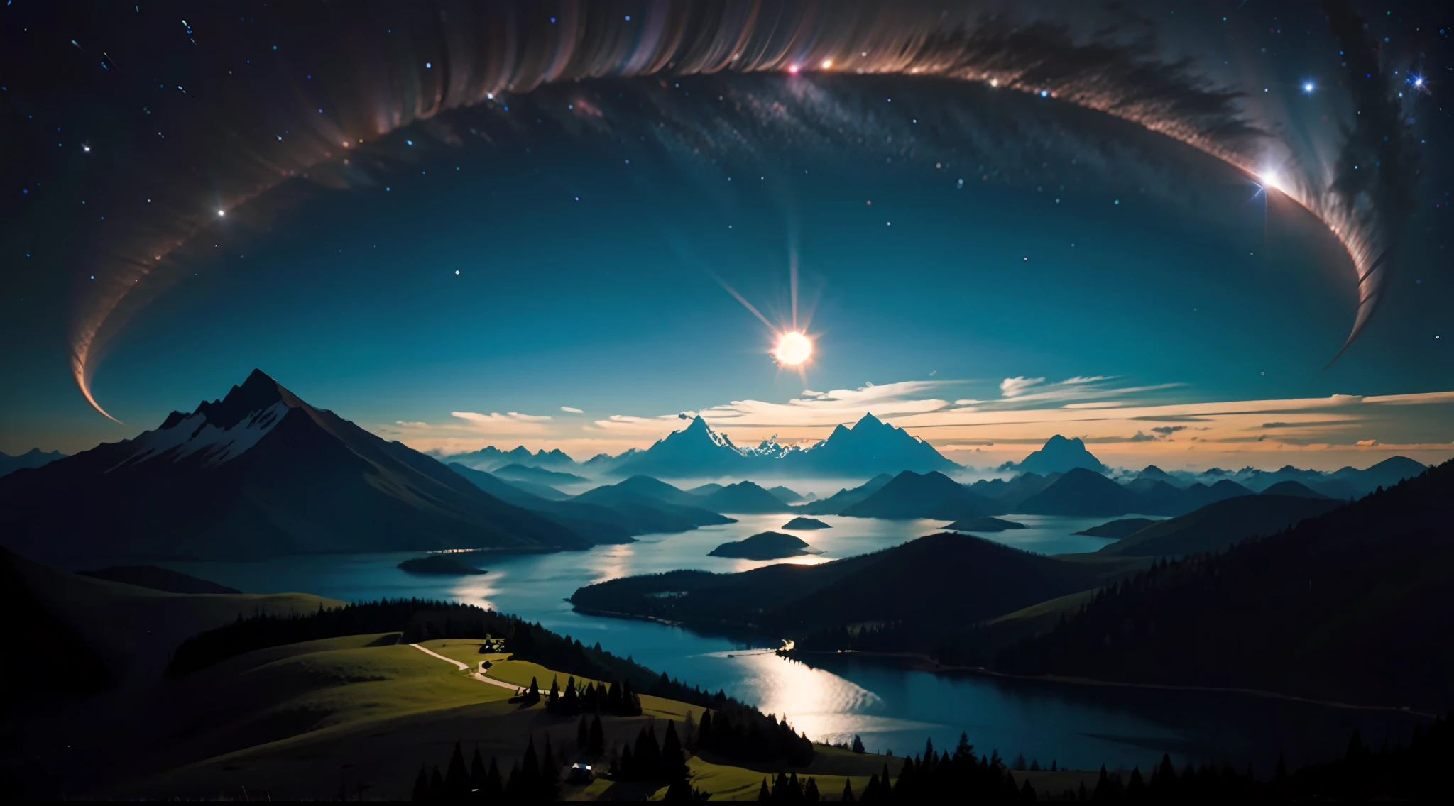 An awe-inspiring celestial event, a total solar eclipse over a majestic mountain range, the darkened sky revealing a breathtaking view of the starry cosmos, a group of stargazers witnessing this rare phenomenon with wonder and amazement, the merging of natural beauty and cosmic wonder creates a profound sense of unity with the universe, Photography, using a wide-angle lens (14mm) to capture the grandeur of the landscape and the celestial spectacle, --ar 16:9 --v 5