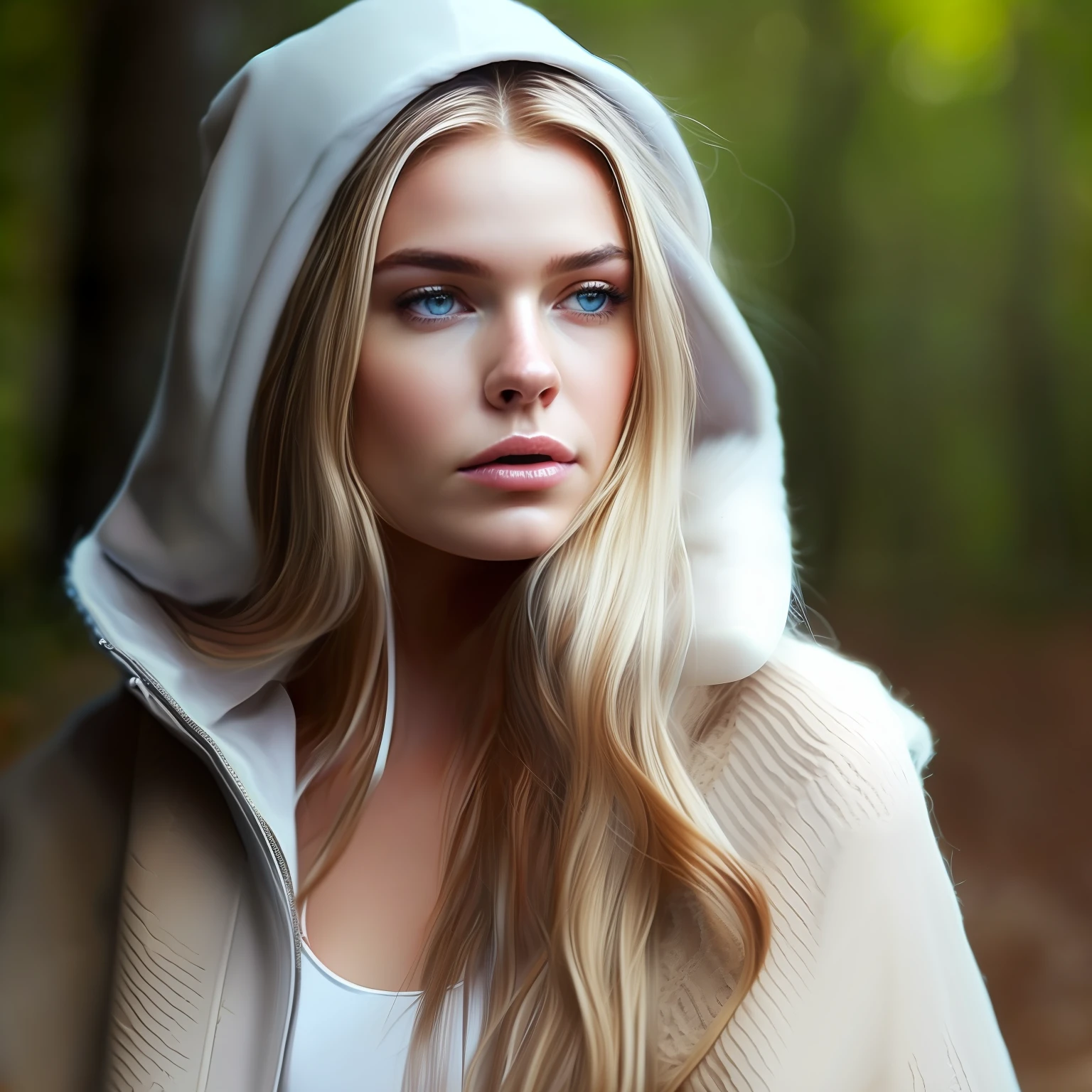 high weist image of young blonde beautiful girl resilience, and beauty. Feyre's portrait should frame her face, allowing her captivating features to take center stage. Start with her blue eyes, the windows to her soul. They are vibrant and expressive, reflecting a depth of emotions accumulated through her journey. Her strong jawline and high cheekbones reveal her determination and resilience, while her soft, full lips convey her capacity for love and compassion. Her long blonde, (wearing a old hoodcape) snow in woods background (wide angle lens) award winning,hd ,4k, hunter girl look(arow and bow in hand) determine expression