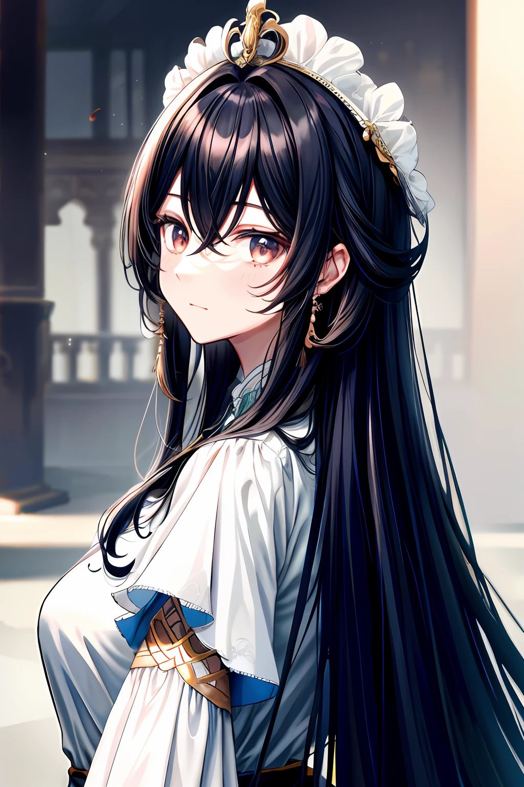 Fair skin color、Long black hair and charming dark eyes。,It has delicate facial features and a palatial presence,,A high resolution,ultra - detailed,