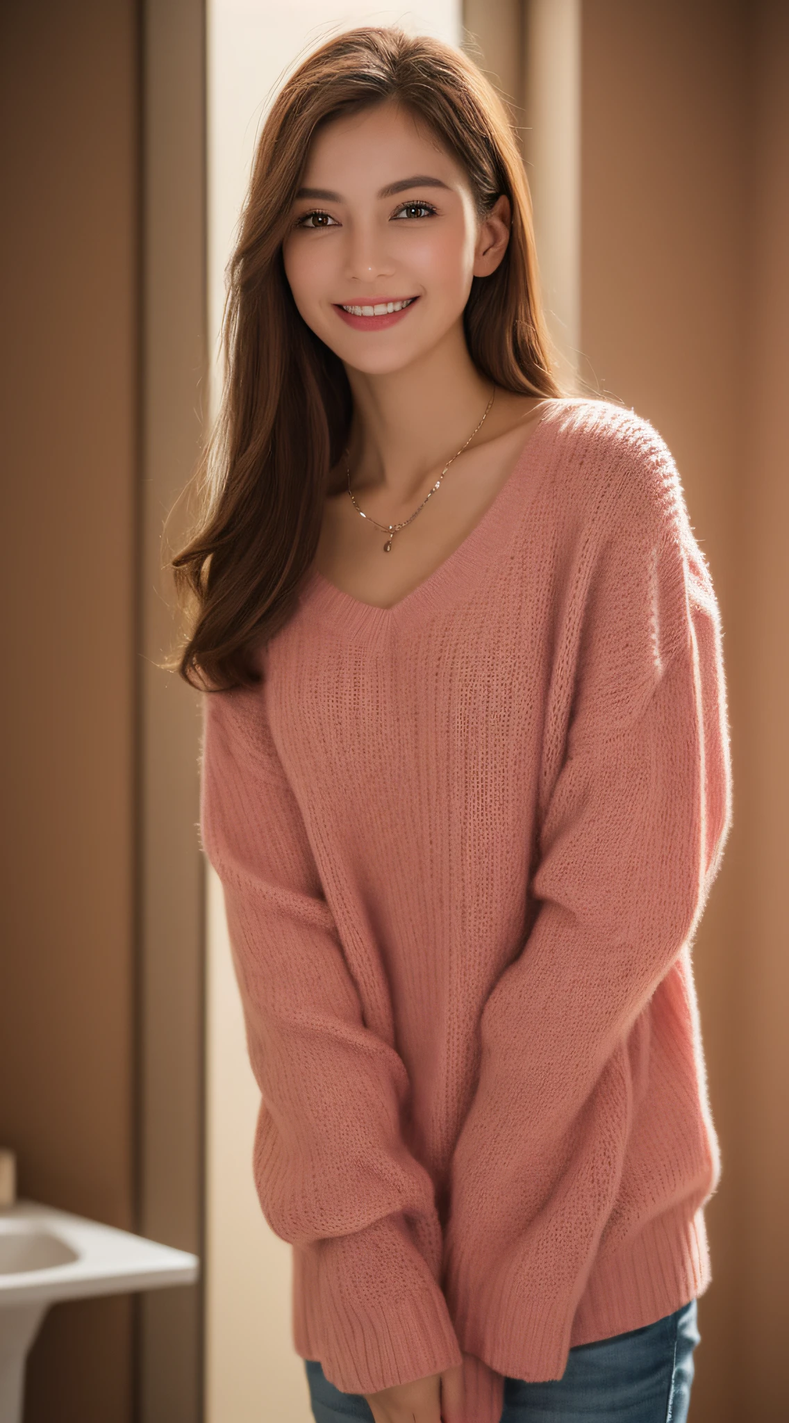 ((Night, Realistic Light, Best Quality, 8K, Masterpiece: 1.3)), 1girl, Slim Beauty: 1.4, Abs: 1.1, (Brown hair, Medium breasts: 1.3), Long pink sweater: 1.1, Bathroom, Super fine face, Delicate eyes, Double eyelids, smile, necklace