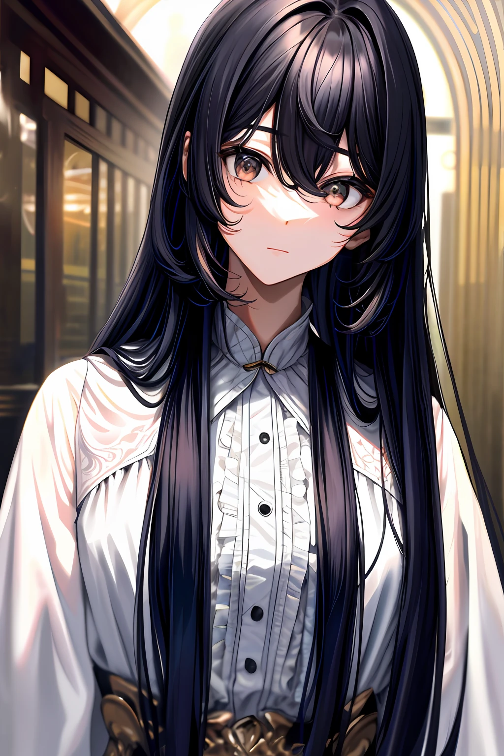 Fair skin color、Long black hair and charming dark eyes。，It has delicate facial features and a palatial presence，，A high resolution，ultra - detailed，