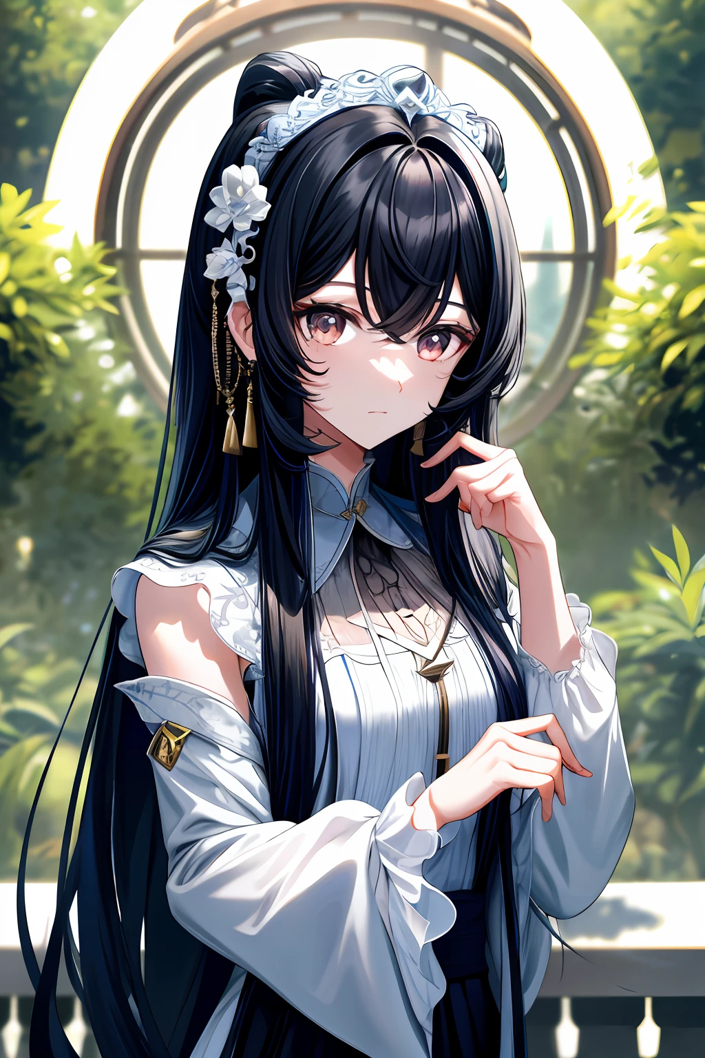 Fair skin color、Long black hair and charming dark eyes。，It has delicate facial features and a palatial presence，，A high resolution，ultra - detailed，