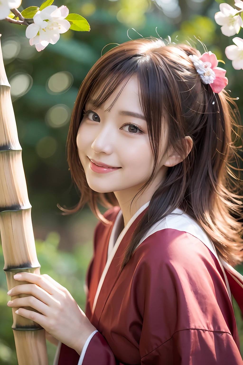 (masterpiece、top-quality、ultra-detailliert、rays of sunshine、电影灯光)、(Japan Anime Cosplay、)、(Famous idol girls of Japan、)、(goddess of Japan、shrine maiden、White and red priestess costume、Red Hakama、)、(dishevled hair、short hair of red-brown color、poneyTail、Cherry Blossom Hair Ornament、hair pin、)、Holding a bamboo broom、Look at viewers、A beautiful face that captivates the viewer、(Background of the precincts、)、Stand on the ground of pebbles、Floating hair、bending forward、large full breasts、Beautiful chest line、Shiny skin、the wind、beautifull hands、Beautiful Finger、An elaborate masterpiece、Intricate details、A detailed face、detailed hairs、Detailed red mouth、Detailed red cheeks、Smile of shame、