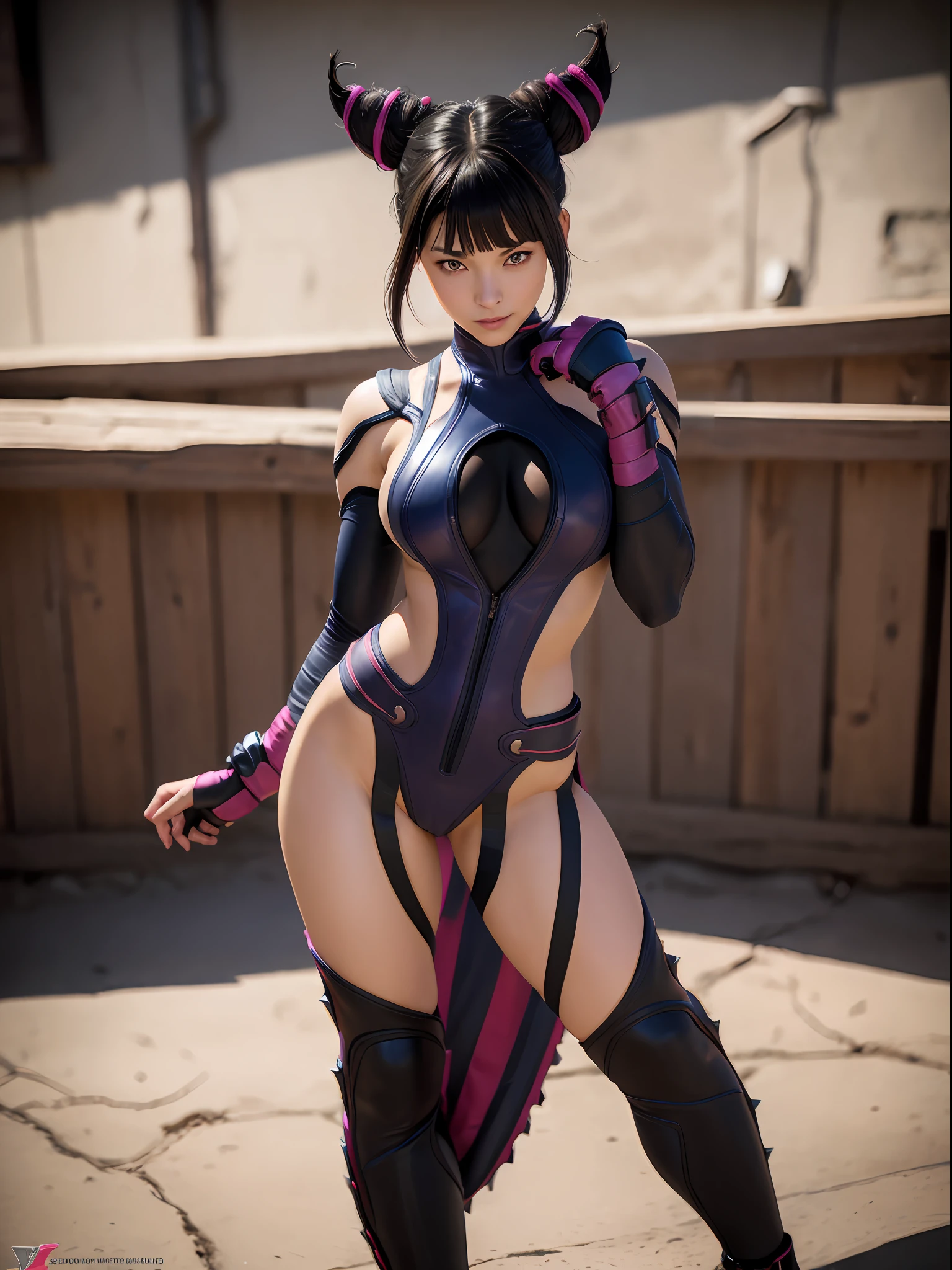 jurims, sfv, hair horns, seductive smile, (masterpiece, best quality:1.4), (standing:1.1), full body, (cowboy shot), (1girl), solo, detailed background, depth of field, volumetric lighting, sharp focus, absurdres, realistic proportions, good anatomy, (realistic, hyperrealistic:1.4), 16k hdr,