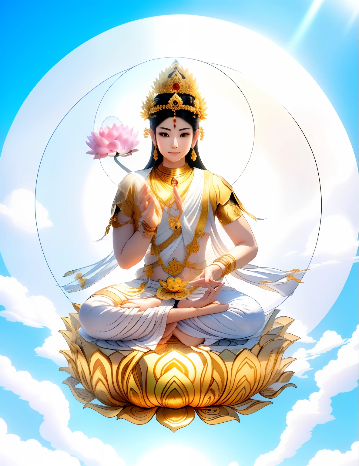 There is a beautiful goddess in the void,Goddess in white,Long curved eyebrows,Beautiful eyes sparkle,Big eyes of the water spirit,Clear pupils have reflected light,二重まぶた,Plump and rosy lips are clearly visible,Flushed cheeks,The mandible is plump,Fair skin is delicate and smooth,Delicate skin translucent,A delicate and dexterous crown,inlaid gemstones,Delicate and dexterous gold brilliance,inlaid gemstones,Sit on a lotus in the air,Surrounded by white clouds,Pinch the stem of the lotus flower with one hand,Place the other hand open and flat on the leg,white skinned,((Correct body structure)),White clothing,White decoration,baiyun,Blue sky,Head background with round light,There is a five-color circle behind him,Color glow is turned on,Front lighting,Positive light,No shadows on the face,There are no shadows on the body,Blue sky,Unreal space,ethereal world,dreamworld,with blue sky and white clouds,tmasterpiece,4K,ultra-definition,professional photoshooting,