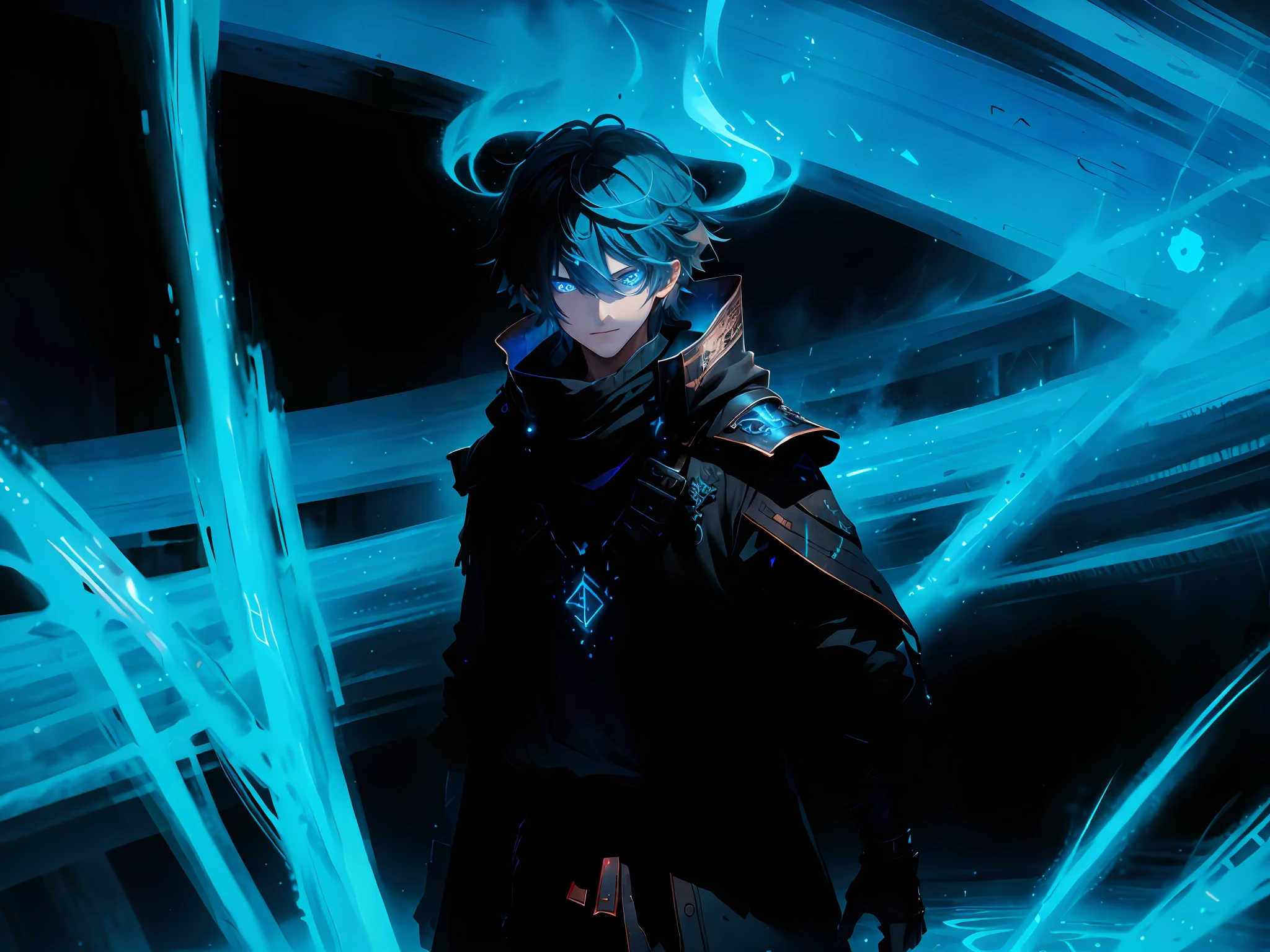 (absurdress, hight resolution, Ultra Detailed), Masterpiece, Best Quality, Real Light and Shadow, 独奏, Boy with gray hair, Red sleeveless outfit, a handsome, Little Eye, Detailed Face, detailed eye, Black scarf, two swords, Double Swords, swords, surrounded by blue flames, tattoo, From Bottom, Look down from the top, ruined city, Dark background, swirl, spark, Cowboy shot, BREAK, blue eyes, GlowingRunes_paleblue