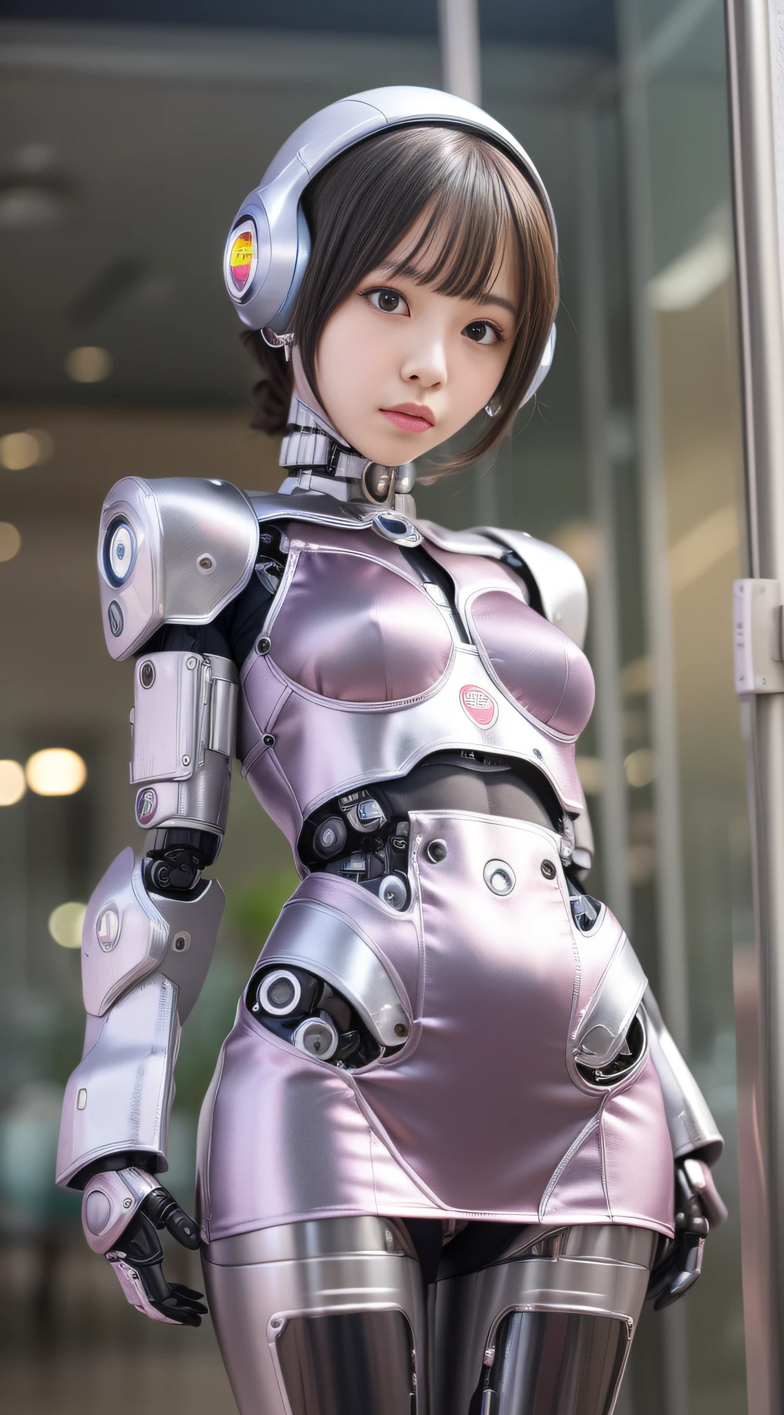 (Photorealsitic:1.4)、Onegirl、(top-quality),(hyperdetailed face)、(Super well-formed face)、((Robot Parts))、(Cyborg girl)、(Burgundy)、(Silver)、(metalic)、(fullllbody)、(Moe Pose)、(Slender body)、(tits out)、(Model body type)、(mecha exposure)、(akihabara)、(is looking at the camera)、(A dark-haired)、(９Head and body)、(a small face)、(Idol)、(front facing)、(is standing)、(Photo session)、(Looks sad)、(Cyborg girl in pink satin dress)、(sleeve less)、(a miniskirt)、(Ｋ－ＰＯＰthe wind)