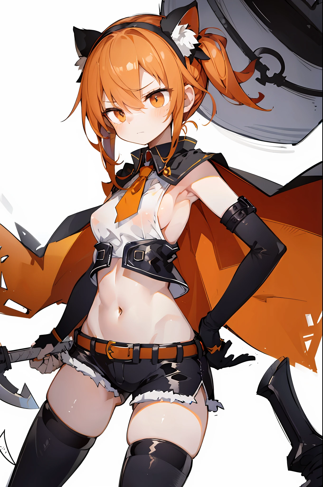 (Masterpiece, Best Quality:1.3),1girl, ass_visible_through_thighs, bangs, bare_arms, bare_shoulders, belt, black_gloves, black_legwear, bracelet, breasts, breasts_apart, cape, cowboy_shot, crop_top, dagger, elbow_gloves, expressionless, fingerless_gloves, gloves, groin, hair_between_eyes, halterneck, head_scarf, holding, holding_weapon, impossible_clothes, jewelry, knife, loose_belt, medium_breasts, midriff, navel, no_panties, open_fly, orange_eyes, orange_hair, outline, serious, short_hair, short_shorts, shorts, sideboob, simple_background, single_elbow_glove, single_glove, single_thighhigh, skin_tight, solo, standing, stomach, thighhighs, unzipped, weapon, white_background, white_cape