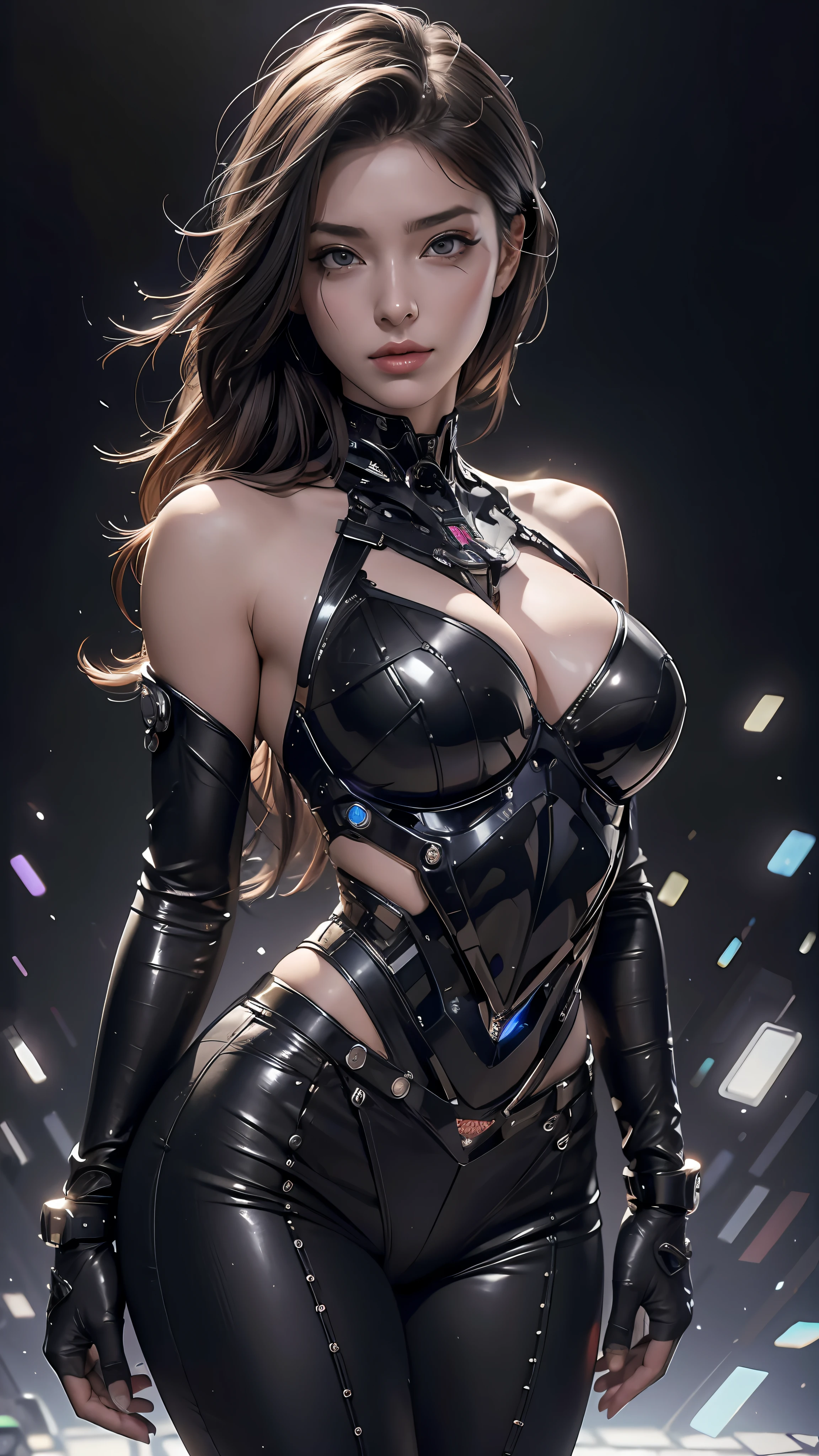 Beautiful cybernetic woman looking at camera, underwear, detailed muscles, realistic, extremely detailed face and eyes, masterpiece, 8k, absurdres