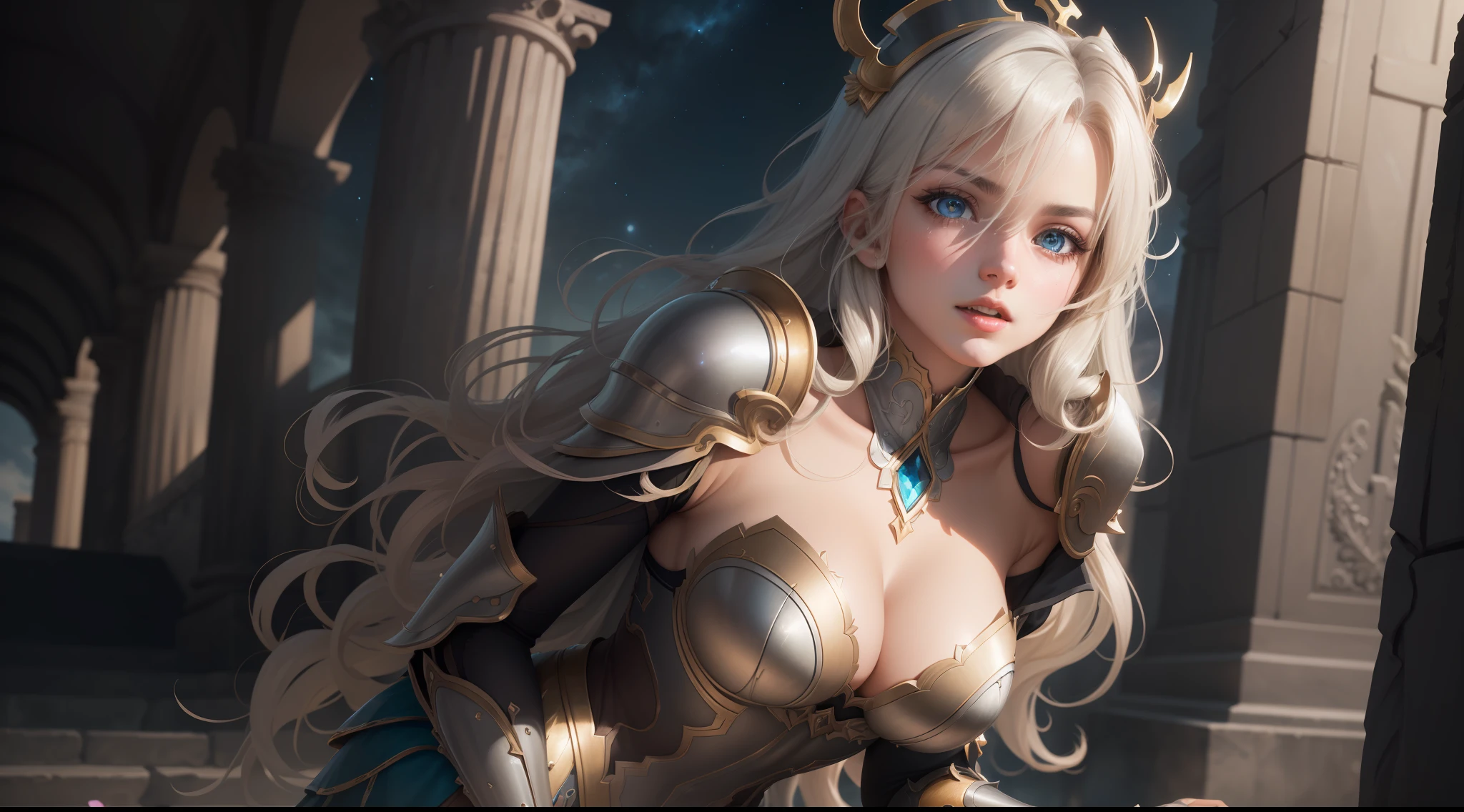 (Extremely detailed Cg Unity 8K wallpaper,Masterpiece, Best quality, Ultra-detailed, Beautiful detailed eyes:1.2),Best illumination, (Best shadow, An extremely delicate and beautiful, full bloom),
1girll,Solo,Large breasts，Heavy armor，complex patterns，Long hair,Film filter, Greek temple，dramatics，dynamicposes，illusory engine， (High detail: 1.9)，Starcloud，the night，torchan