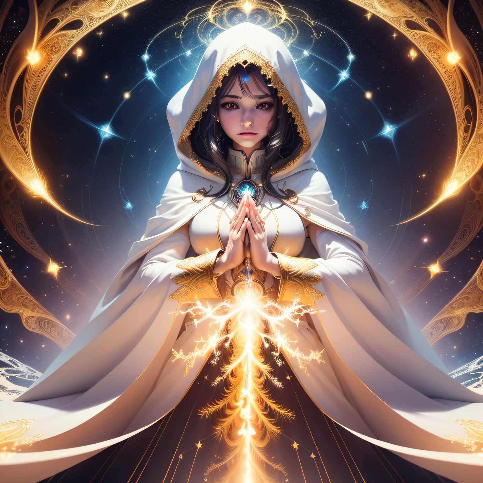(masterpiece, top quality, best quality, official art, beautiful and aesthetic:1.2), (1girl), extreme detailed, (fractal art:1.3), colorful, highest detailed, perfect face, upper body, HDR, (praying:1.3), (white cloak golden lines:1.2), galaxy, (light streaks), striking visuals, (dynamic streaks, luminous trails:1.2), vibrant colors,