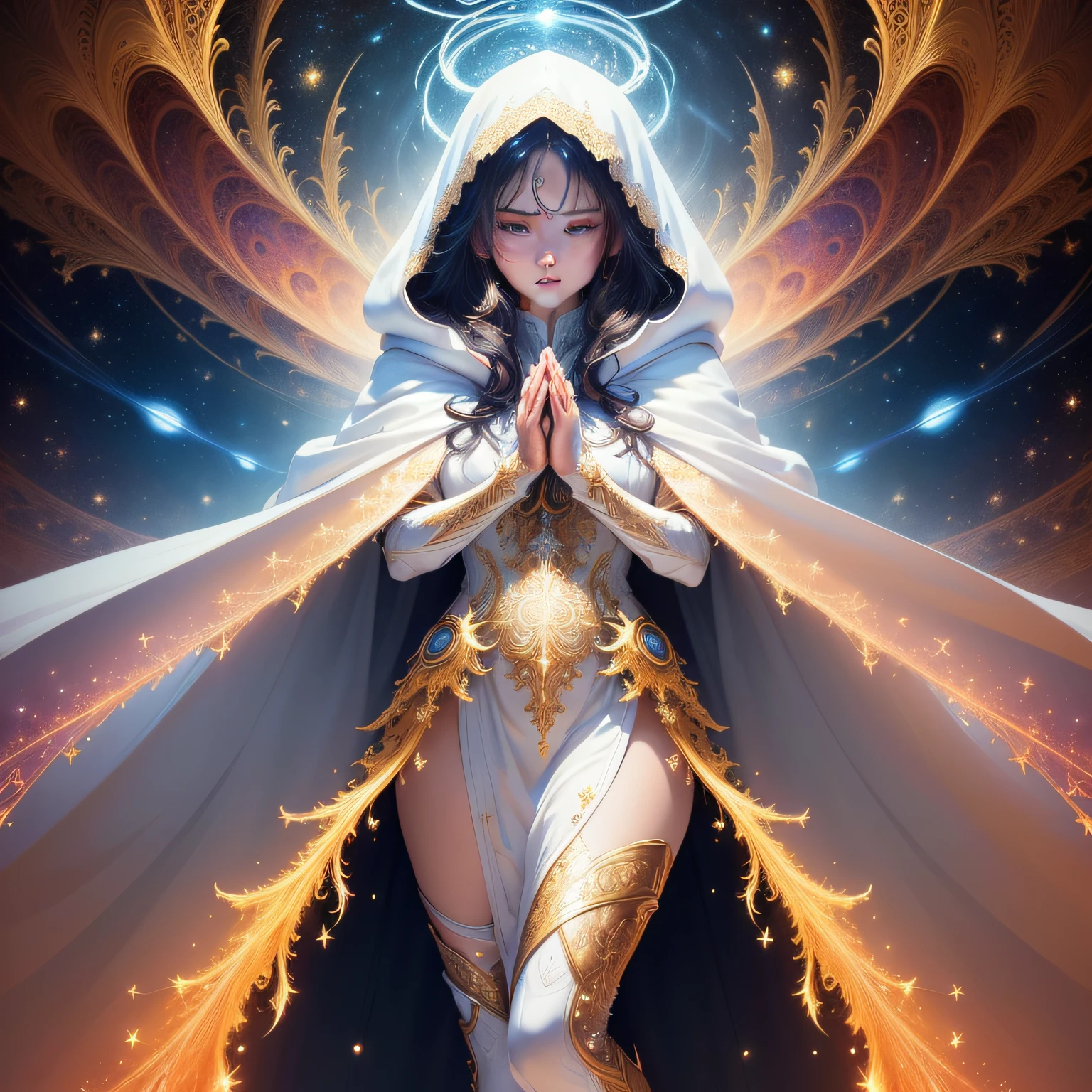 (masterpiece, top quality, best quality, official art, beautiful and aesthetic:1.2), (1girl), extreme detailed, (fractal art:1.3), colorful, highest detailed, perfect face, upper body, HDR, (praying:1.3), (white cloak golden lines:1.2), galaxy, (light streaks), striking visuals, (dynamic streaks, luminous trails:1.2), vibrant colors,