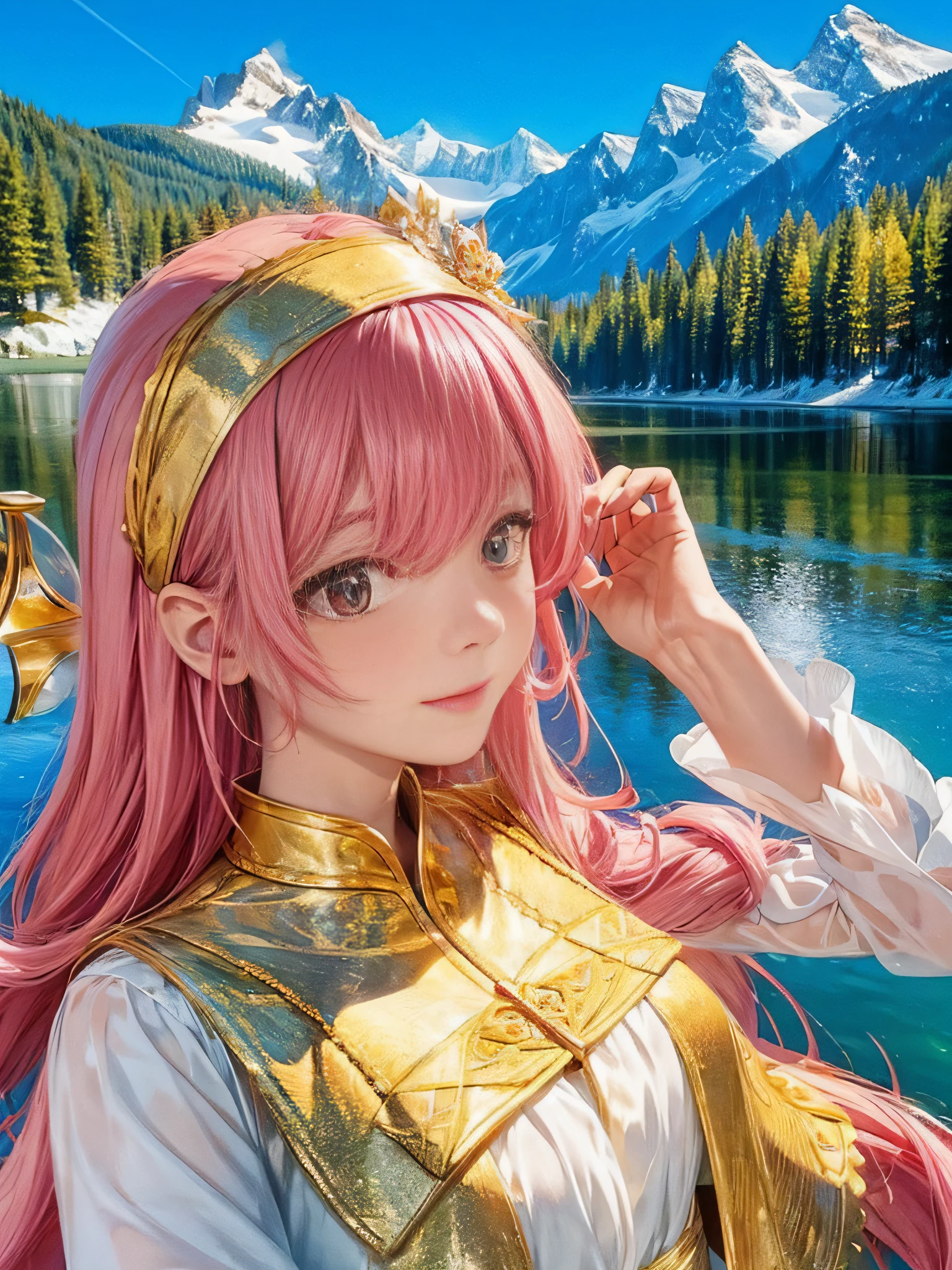offcial art，Extremely detailed，Detail portrayal，vividness，God girl，Gold-tone headband，Long pale pink hair，Light wind，Watergate，A wonderland of mountains and waters，Immortal，The face is delicate