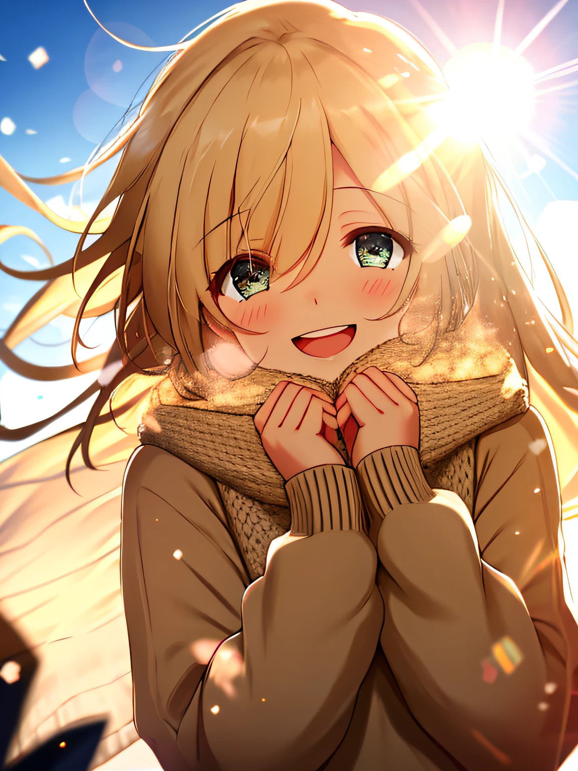 a girl, cosy sweater on, upper body, (huge Laughing:1.1), (open mouth:1.1), (wide open eyes:1.2), sun glare, bokeh, depth of field, blurry background, light particles, strong wind, (heart particles:1.1)