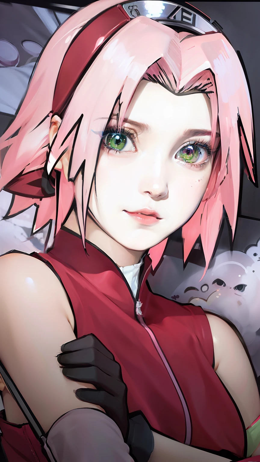 1girl, haruno sakura, pink hair, red clothes, green eyes, realistic, ultra detail