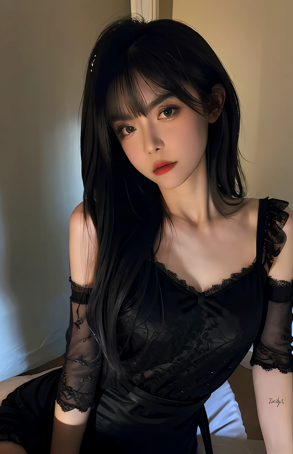 Best quality, masterpiece, ultra high res, (photorealistic:1.4), raw photo, 1girl, ((black lace nightgown)), ((small breast)), cold light