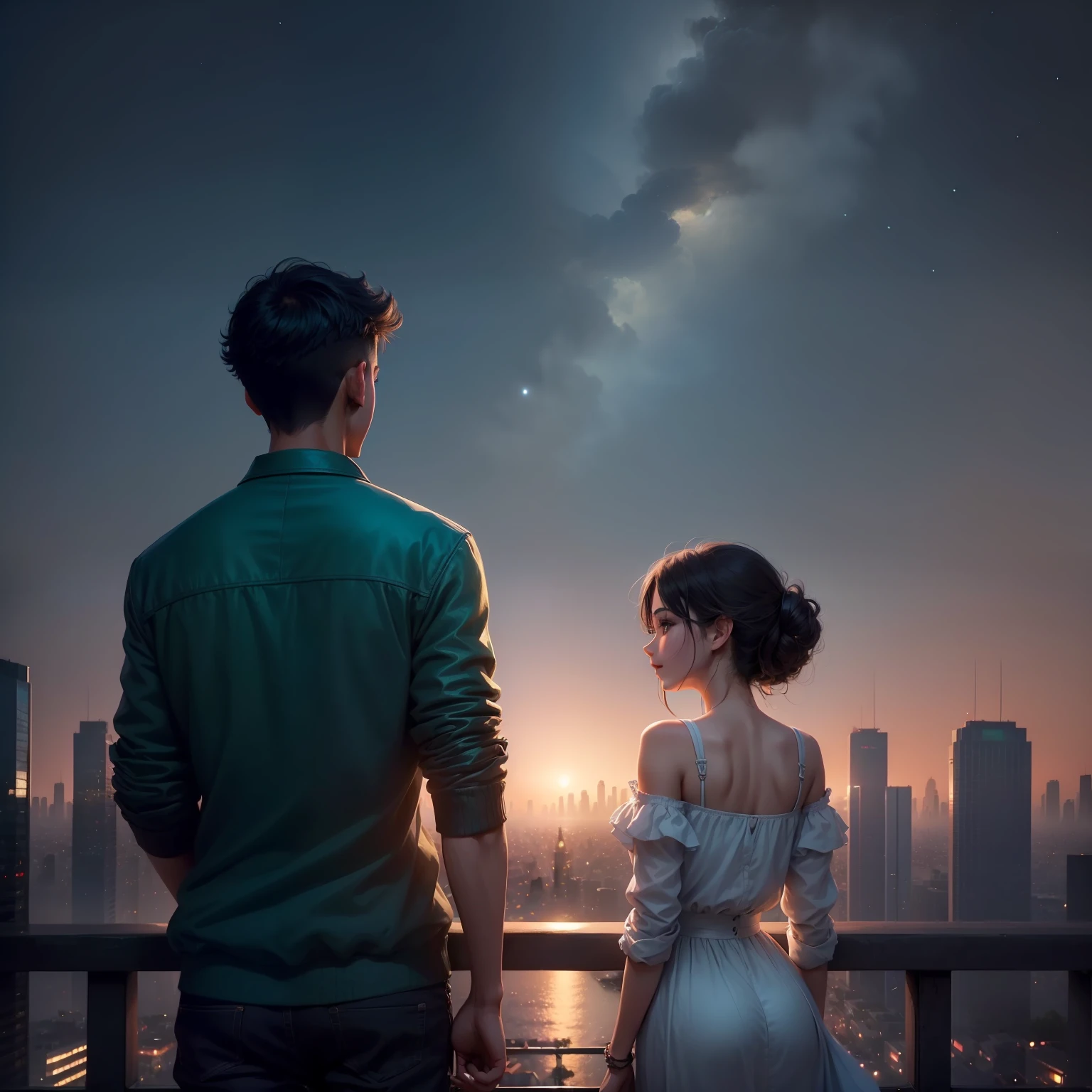 (((a boy and a beautiful girl in their twenties))),(in night city), in love, romance, (Everyone Smiling), (Dreamland), (Beautiful Sky),(Gentle Wind),(More Greenery),(Less People: 0.8),(((back shot)))