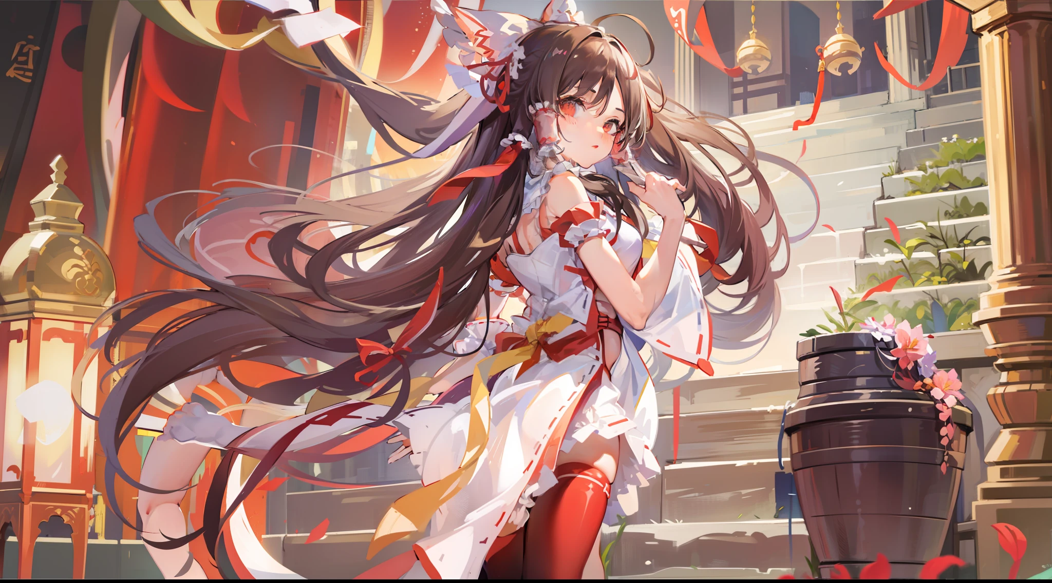 full bodyesbian,(tmasterpiece:1.2),(best qualtiy:1.3),1girll,standing on your feet,(shrine maiden clothe:1.3),(Expose the armpits:2.0)white stockings,Look back at the audience
